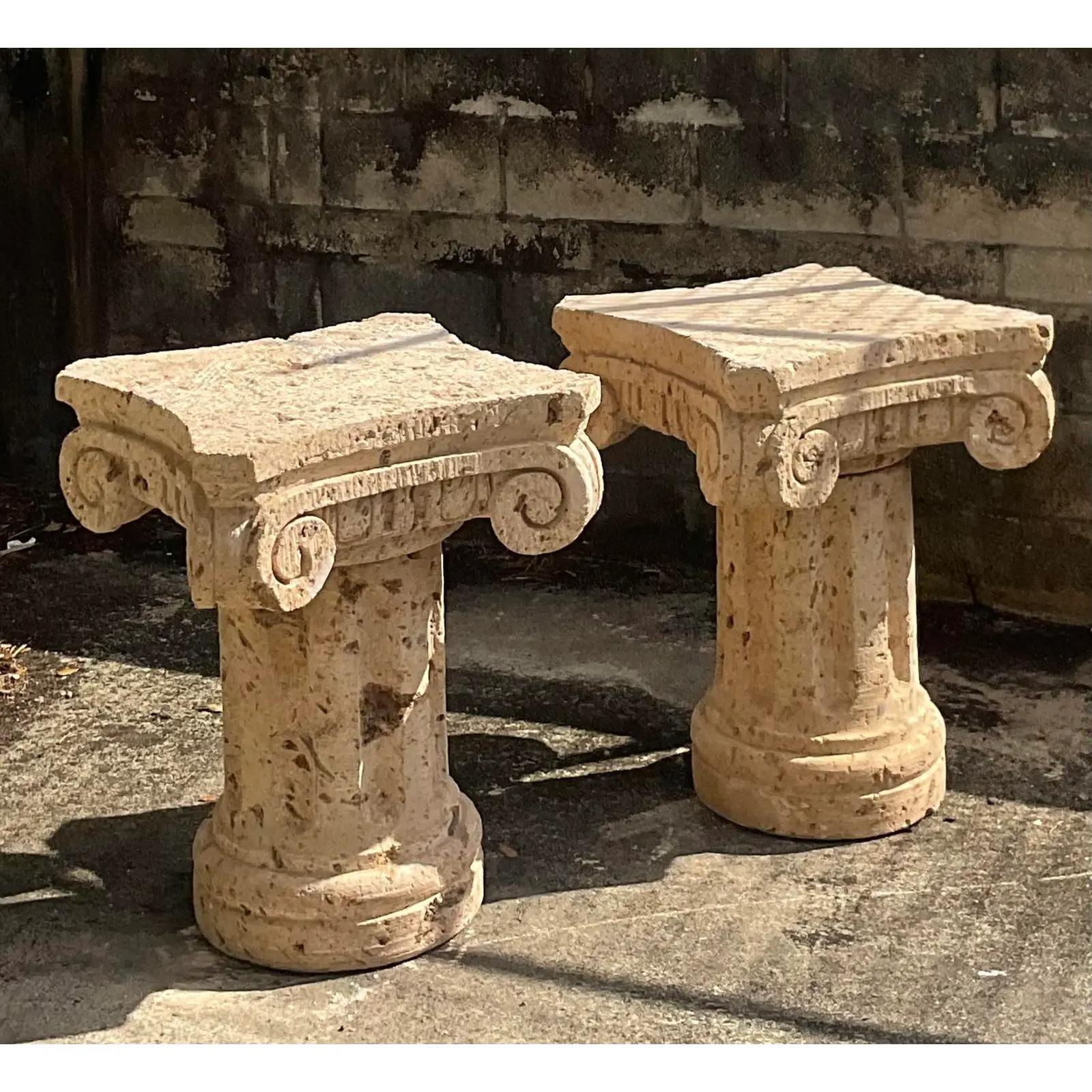 Vintage Coastal Coquina Stone Column Dining Table Pedestals, a Pair In Good Condition In west palm beach, FL