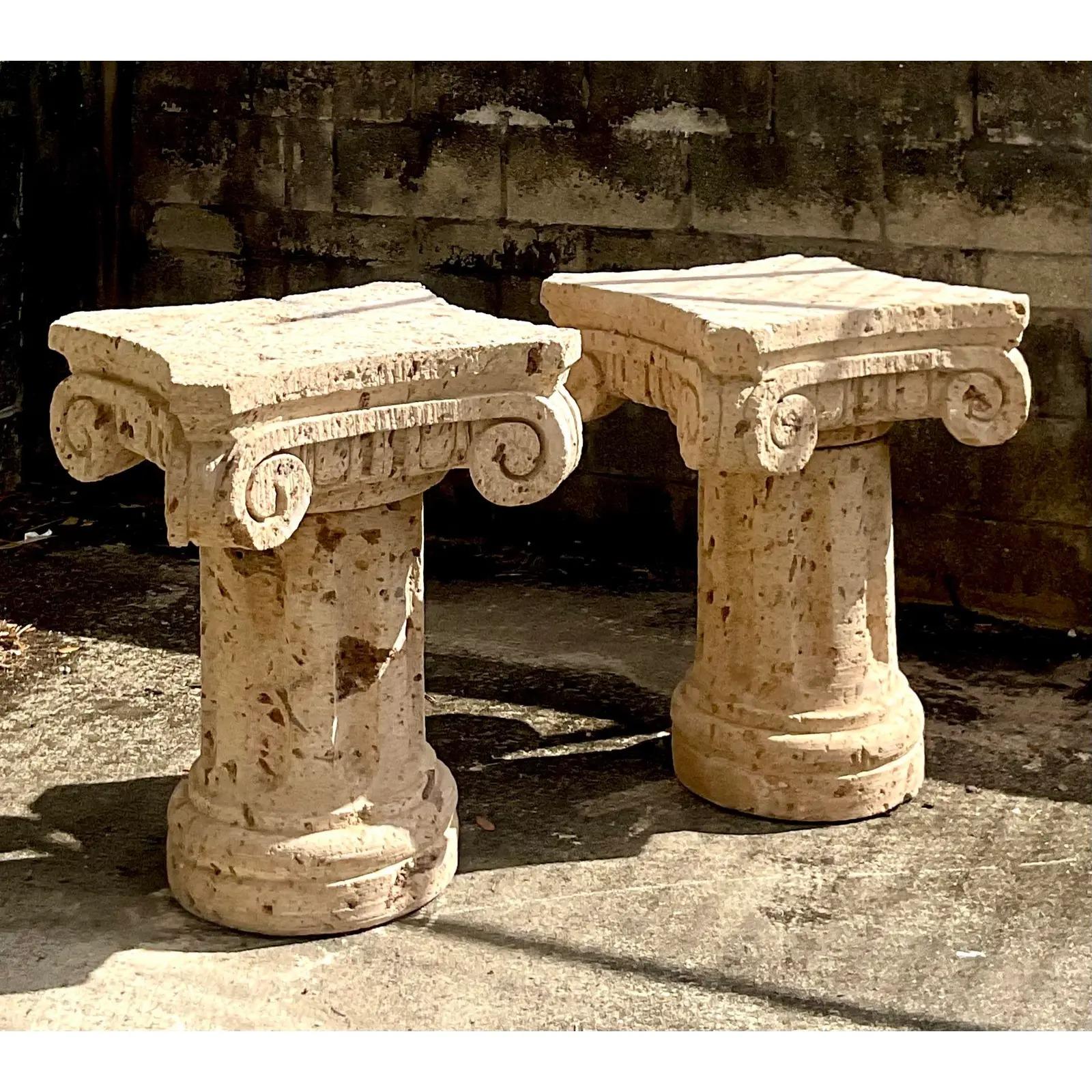 20th Century Vintage Coastal Coquina Stone Column Dining Table Pedestals, a Pair