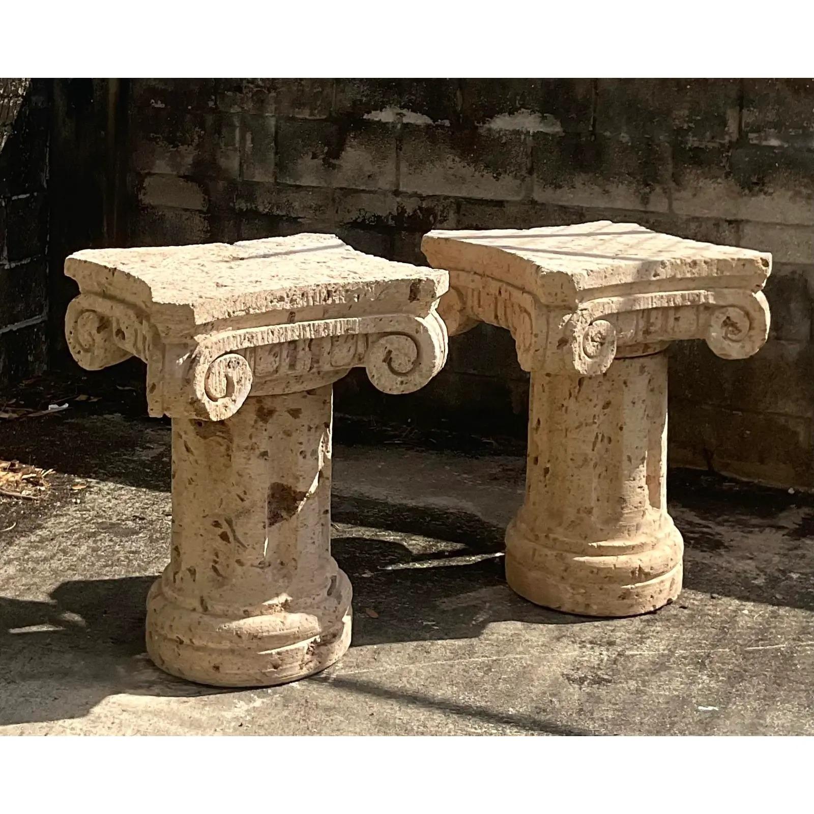 Vintage Coastal Coquina Stone Column Dining Table Pedestals, a Pair 1