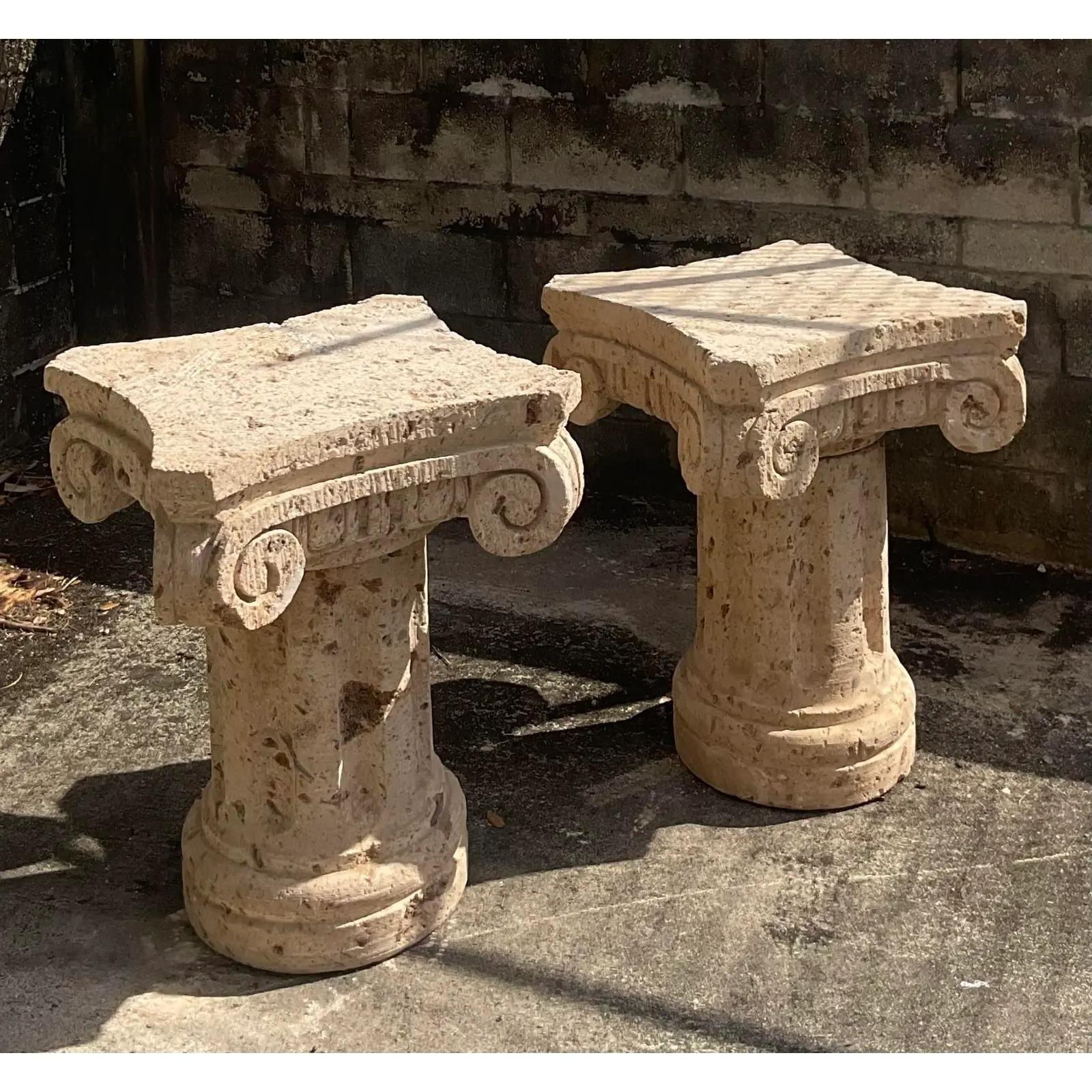 Vintage Coastal Coquina Stone Column Dining Table Pedestals, a Pair 2
