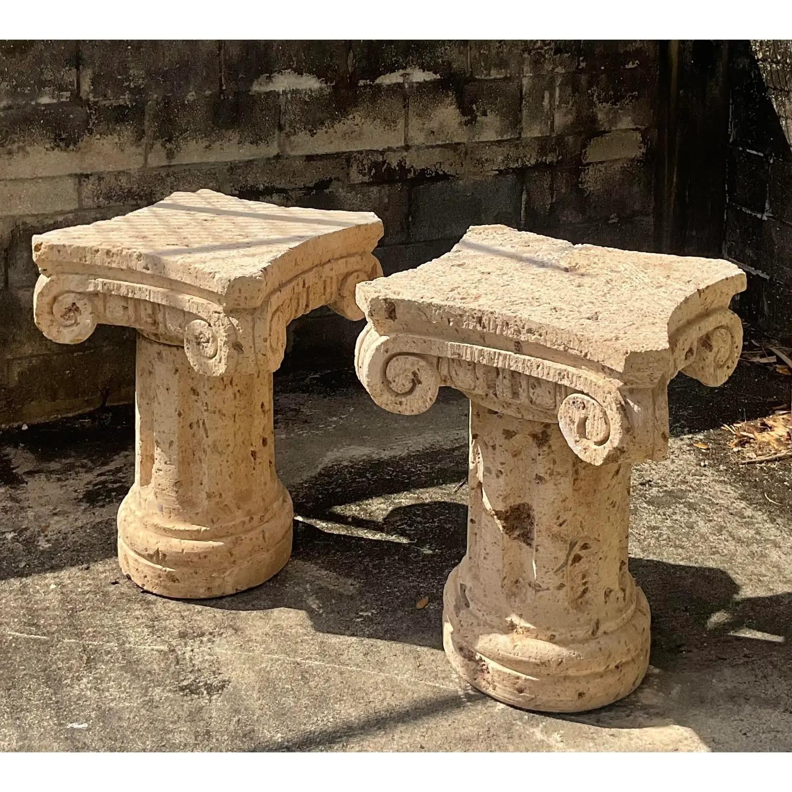 Vintage Coastal Coquina Stone Column Dining Table Pedestals, a Pair 3