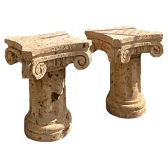 Vintage Coastal Coquina Stone Column Dining Table Pedestals, a Pair