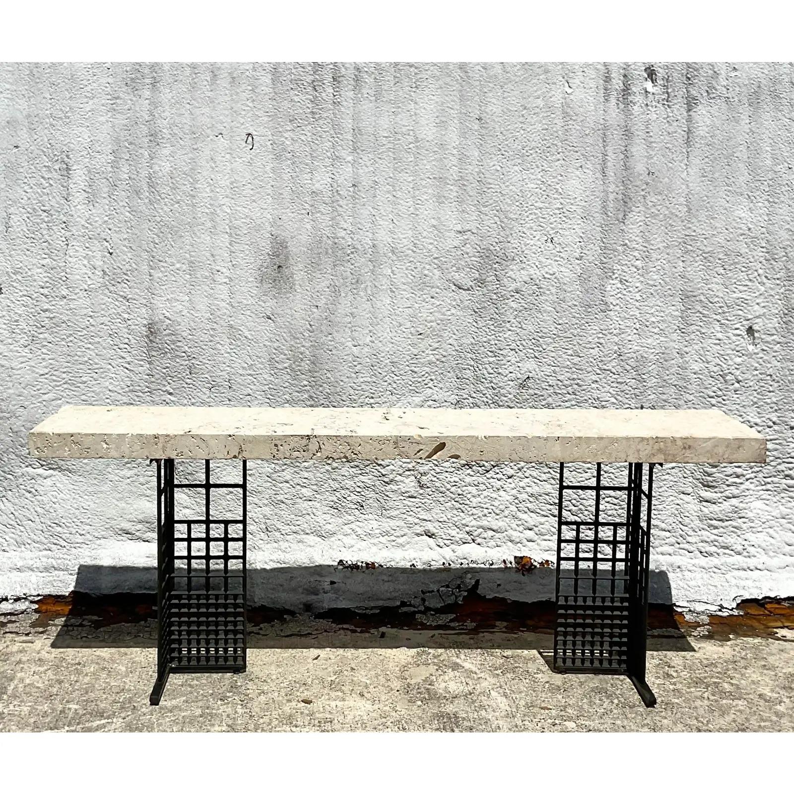 Vintage Coastal Coquina Stone Mackintosh Style Console Table In Good Condition For Sale In west palm beach, FL