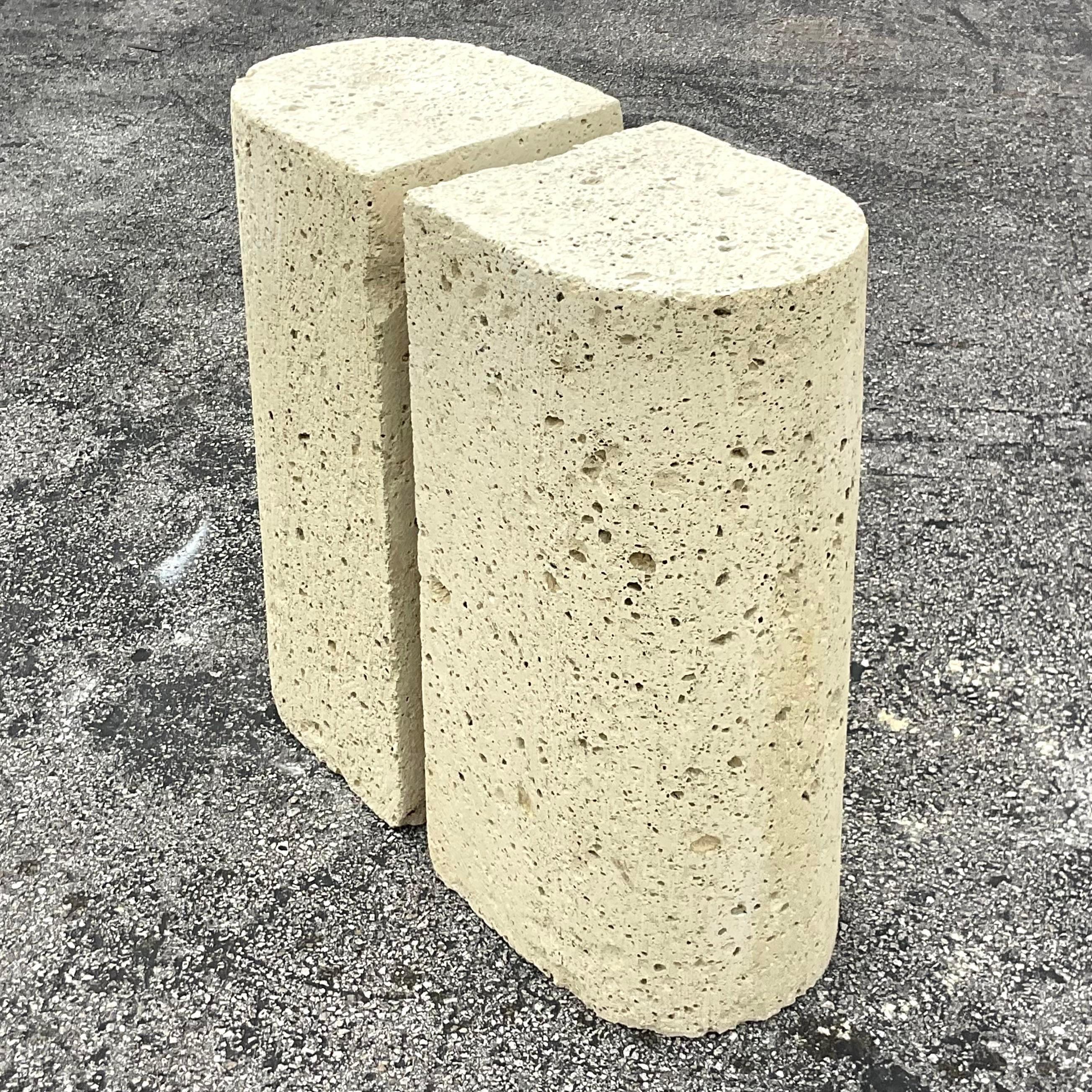 Vintage Coastal Coquina Stone Pedestals - a Pair In Good Condition For Sale In west palm beach, FL