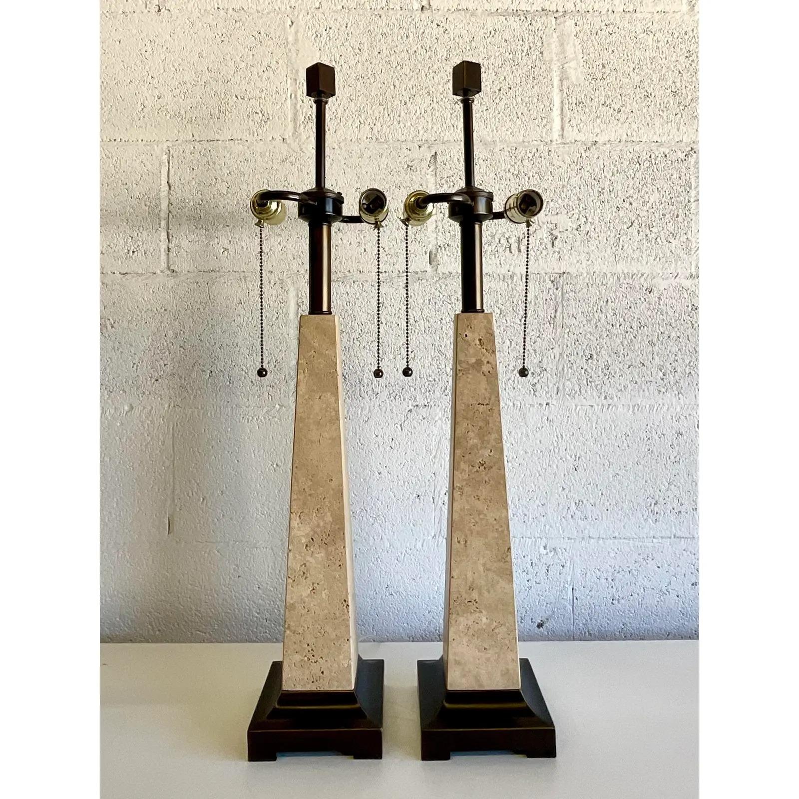 Brass Vintage Coastal Coquina Stone Table Lamps - a Pair For Sale