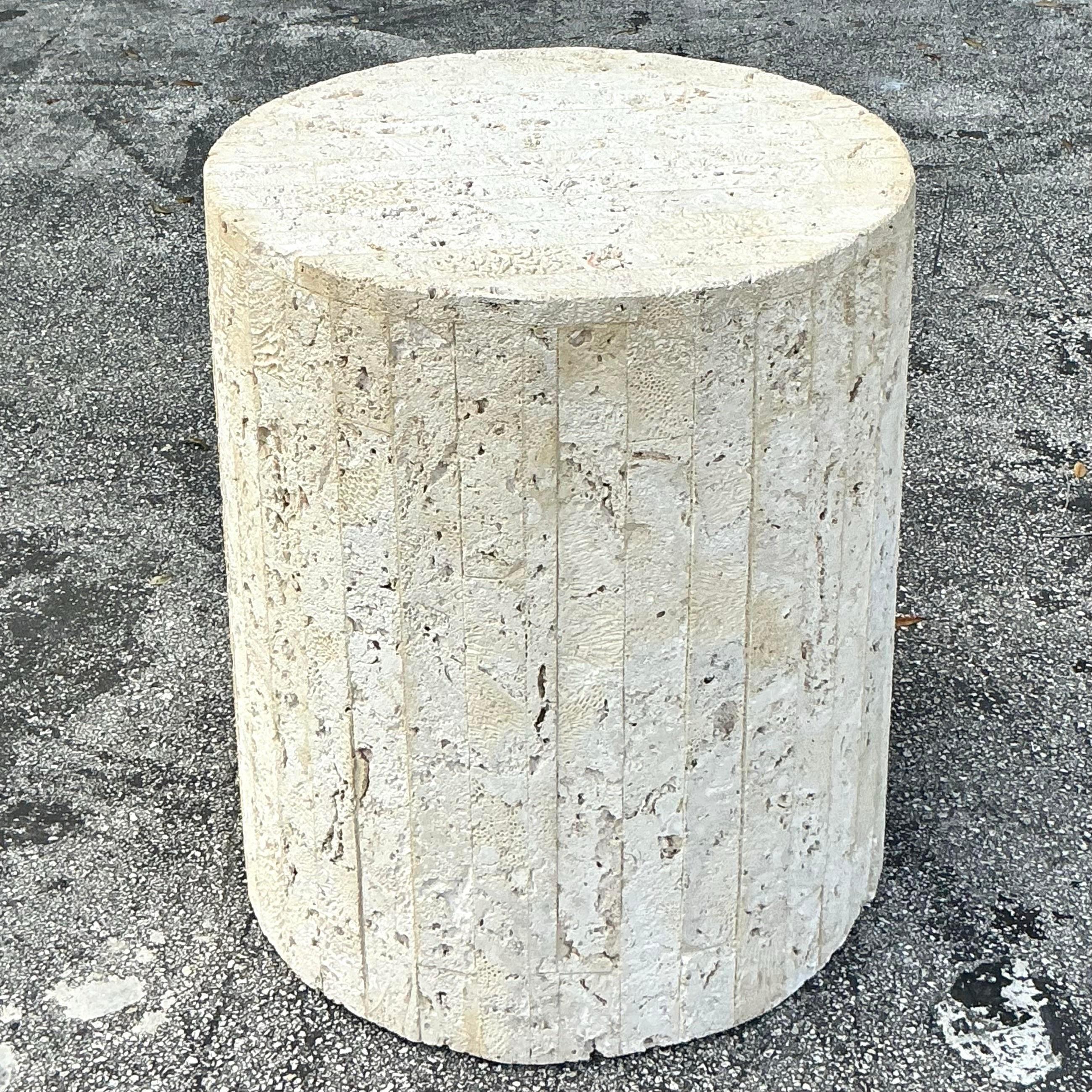 Este pedestal Vintage Coastal Coquina Strip encarna el encanto costero con su composición de piedra coquina texturizada, ofreciendo una estética natural inspirada en la playa. Elaborado con tiras de coquina, una roca sedimentaria conocida por sus
