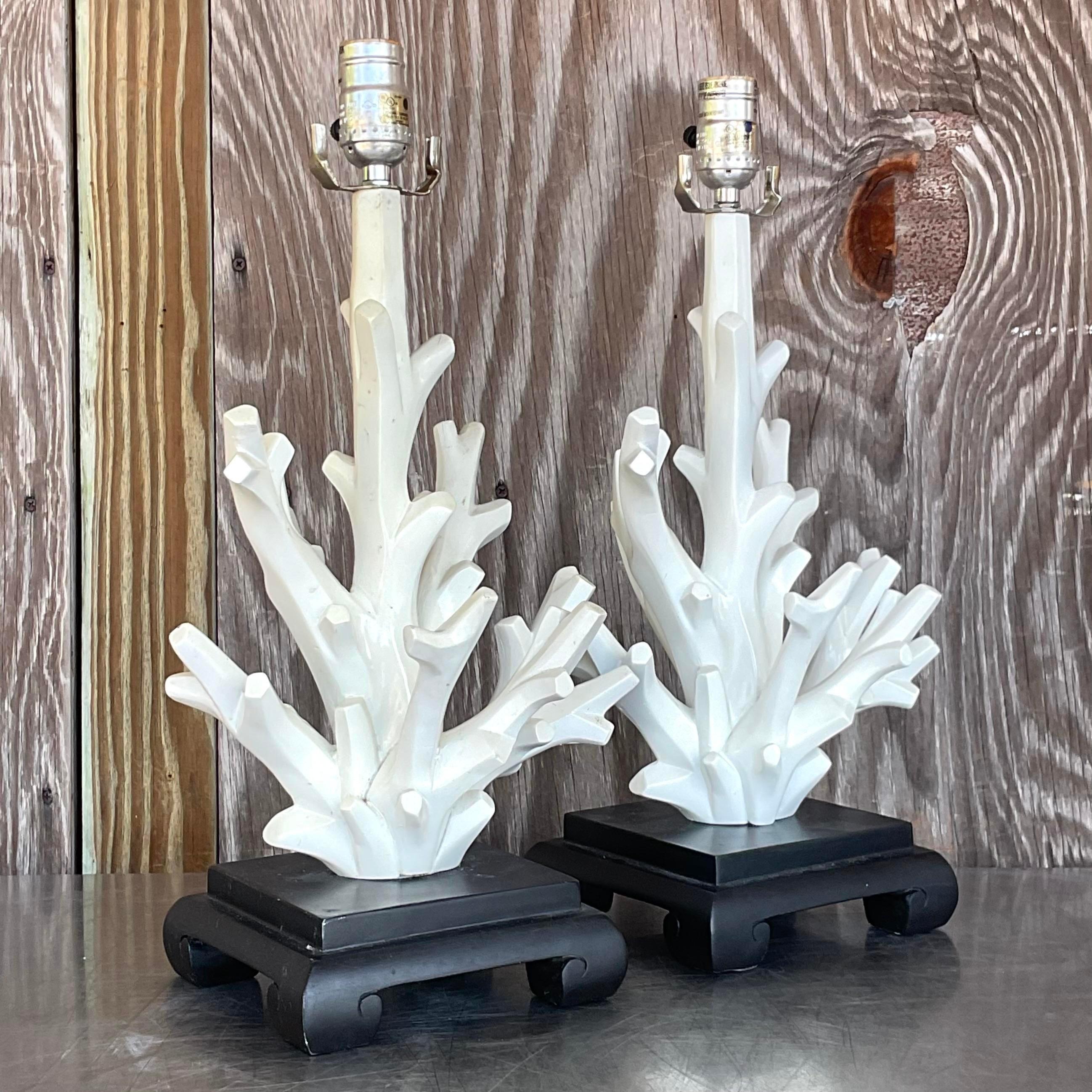 American Vintage Coastal Coral Branch Wood Lamps - a Pair For Sale