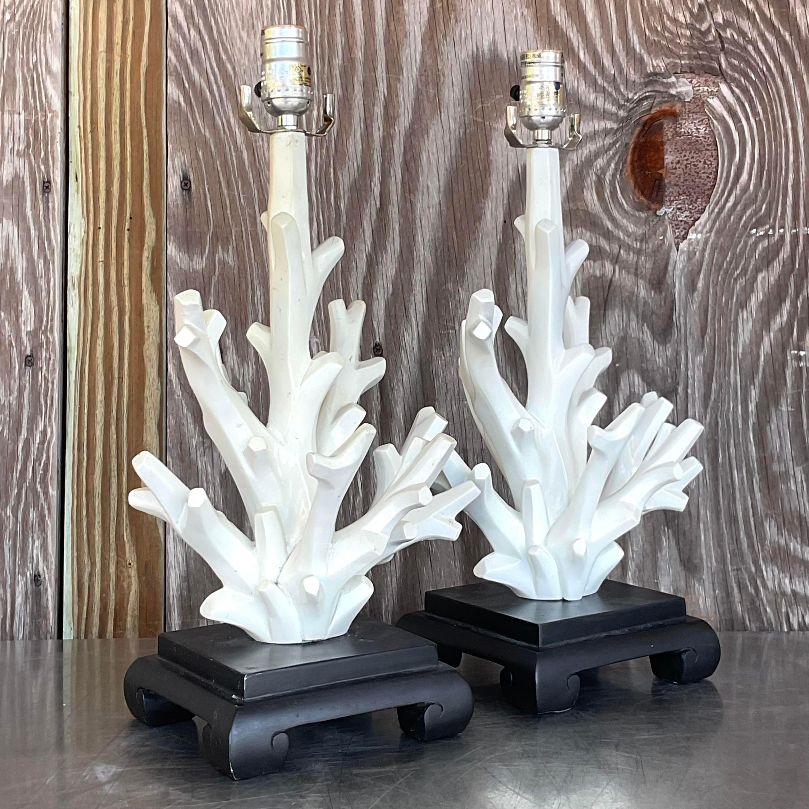 Vintage Coastal Coral Branch Wood Lamps - a Pair In Good Condition For Sale In west palm beach, FL