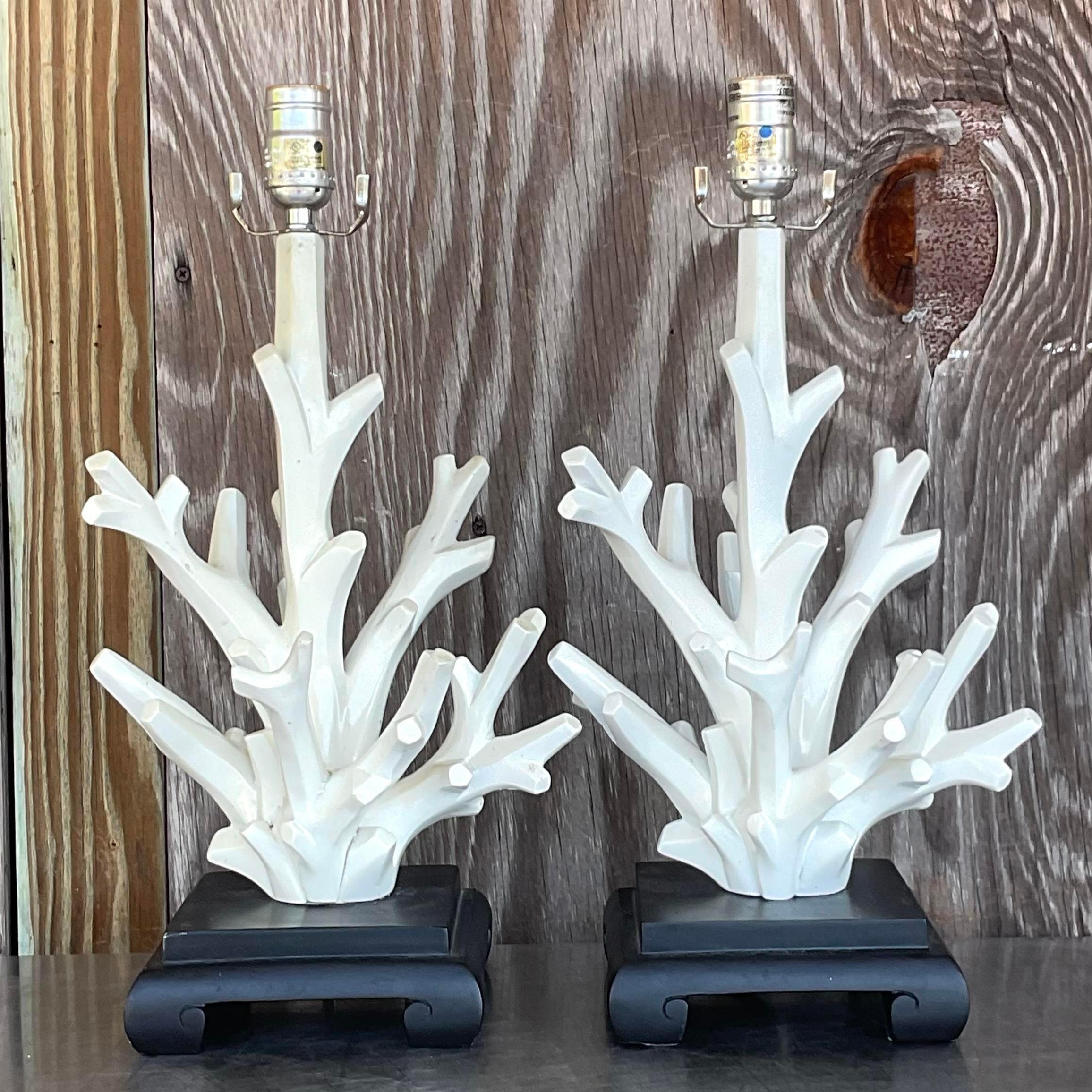 Vintage Coastal Coral Branch Wood Lamps - a Pair For Sale 1