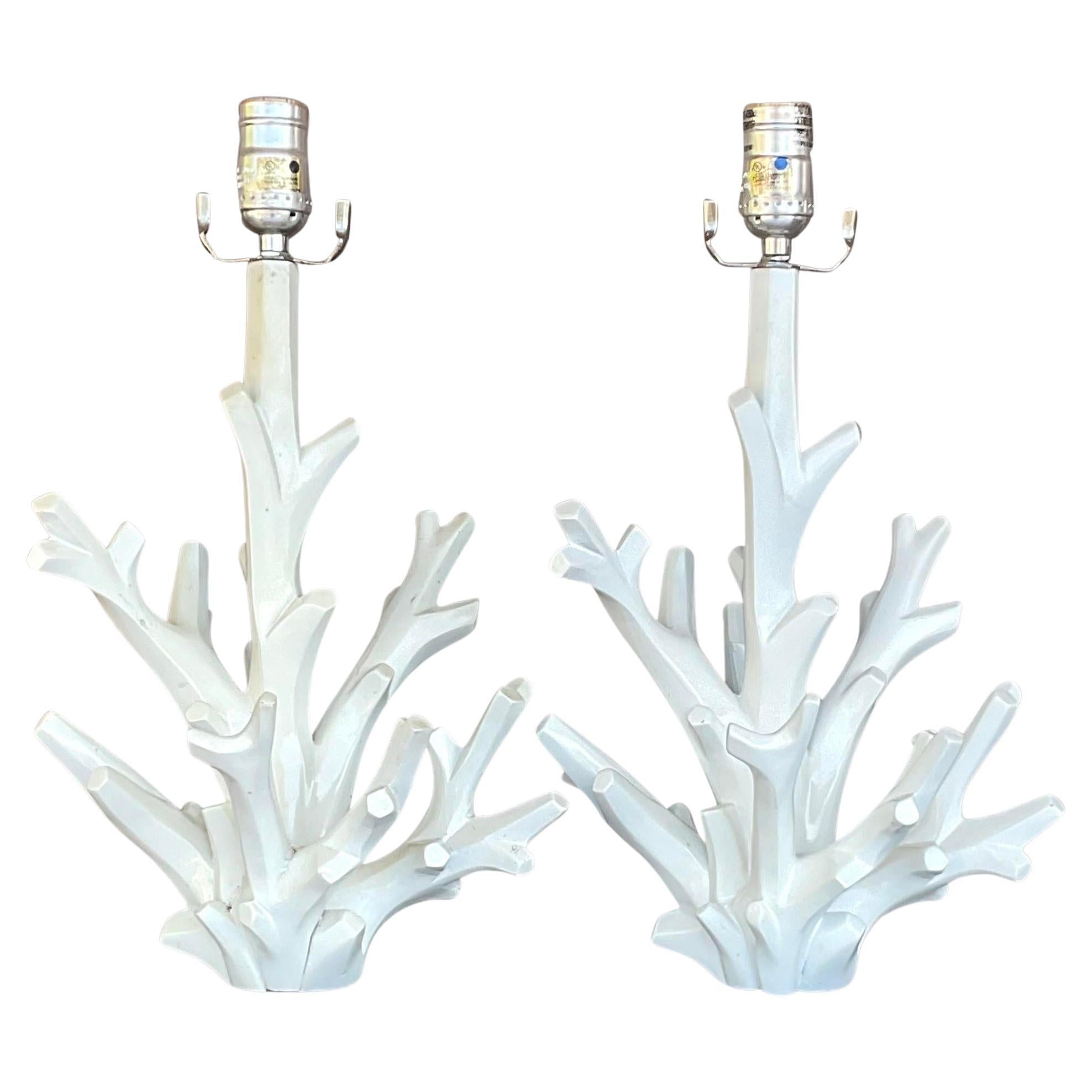Vintage Coastal Coral Branch Wood Lamps - a Pair For Sale