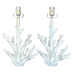 Retro Coastal Coral Branch Wood Lamps - a Pair