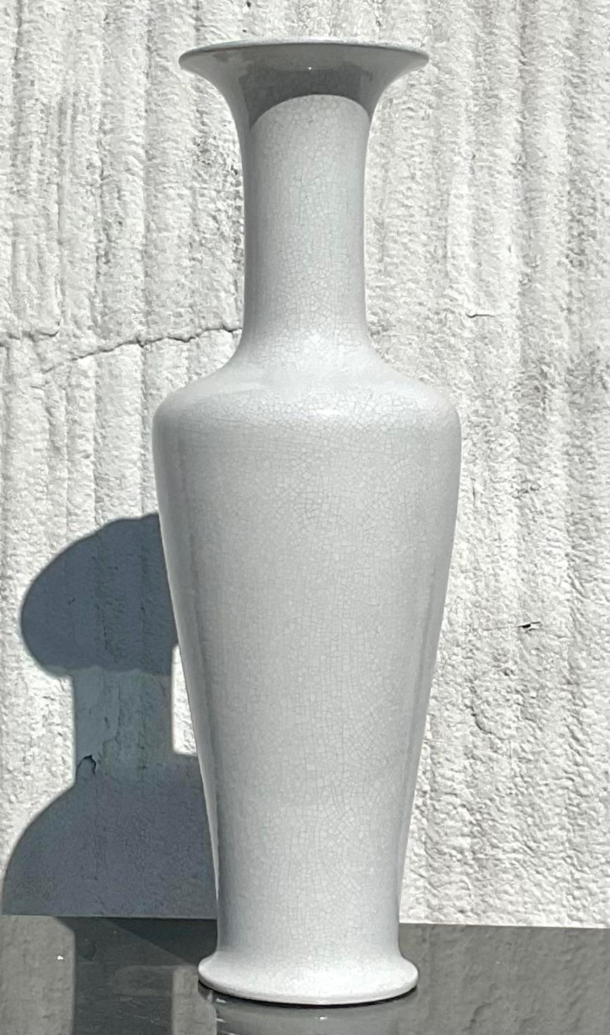 American Vintage Coastal Crackle Glaze Tall Vase For Sale