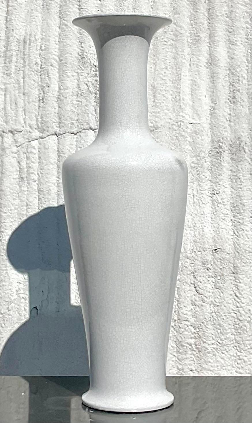Vintage Coastal Crackle Glaze Tall Vase In Good Condition For Sale In west palm beach, FL