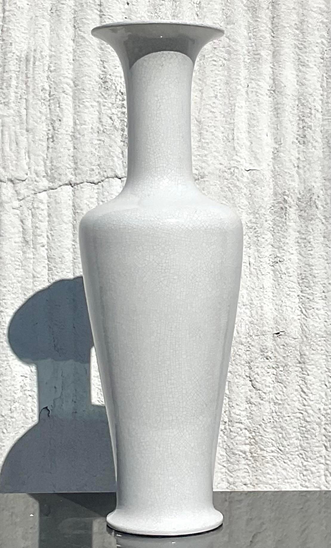 20th Century Vintage Coastal Crackle Glaze Tall Vase For Sale