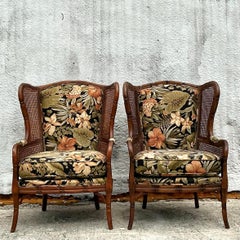 Vintage Coastal Craftmaster Wingback Cane Chairs - a Pair