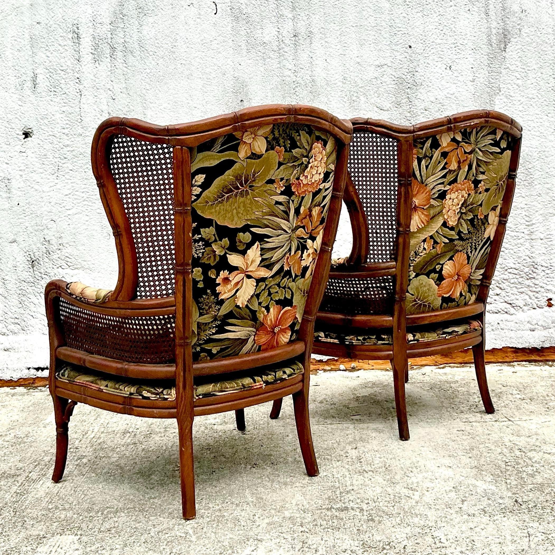 American Vintage Coastal Craftmaster Wingback Cane Chairs - a Pair