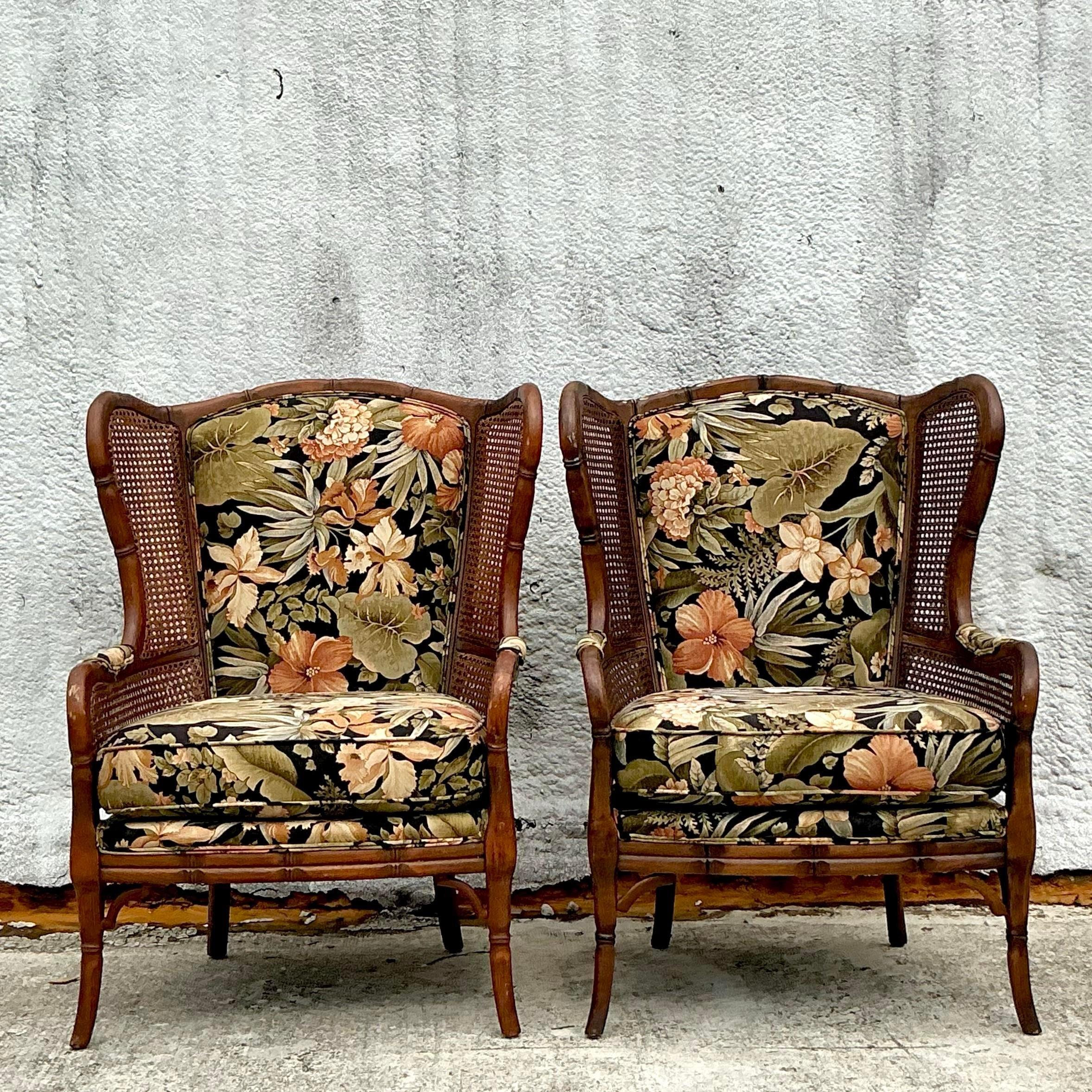 Vintage Coastal Craftmaster Wingback Cane Chairs - a Pair In Good Condition In west palm beach, FL