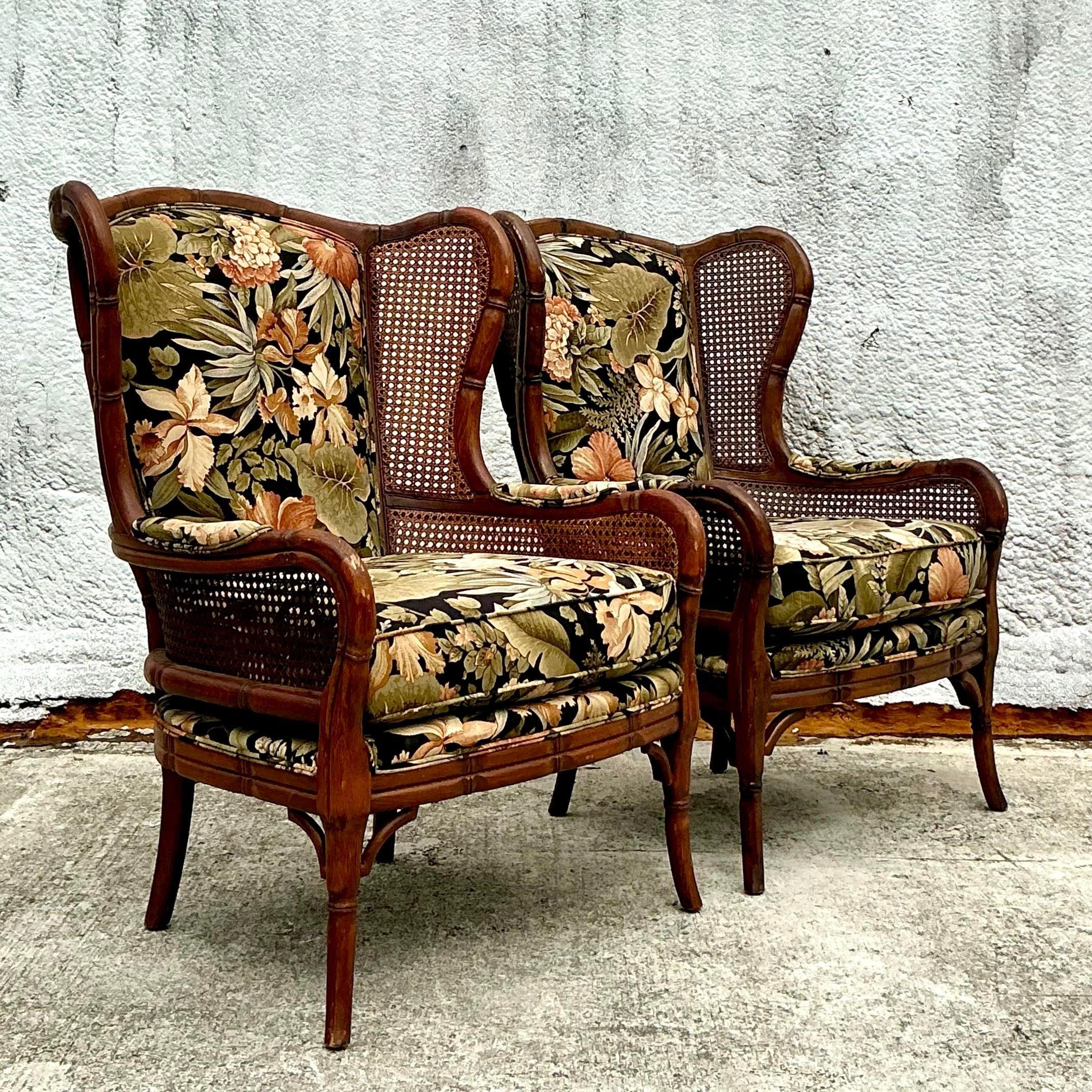 20th Century Vintage Coastal Craftmaster Wingback Cane Chairs - a Pair
