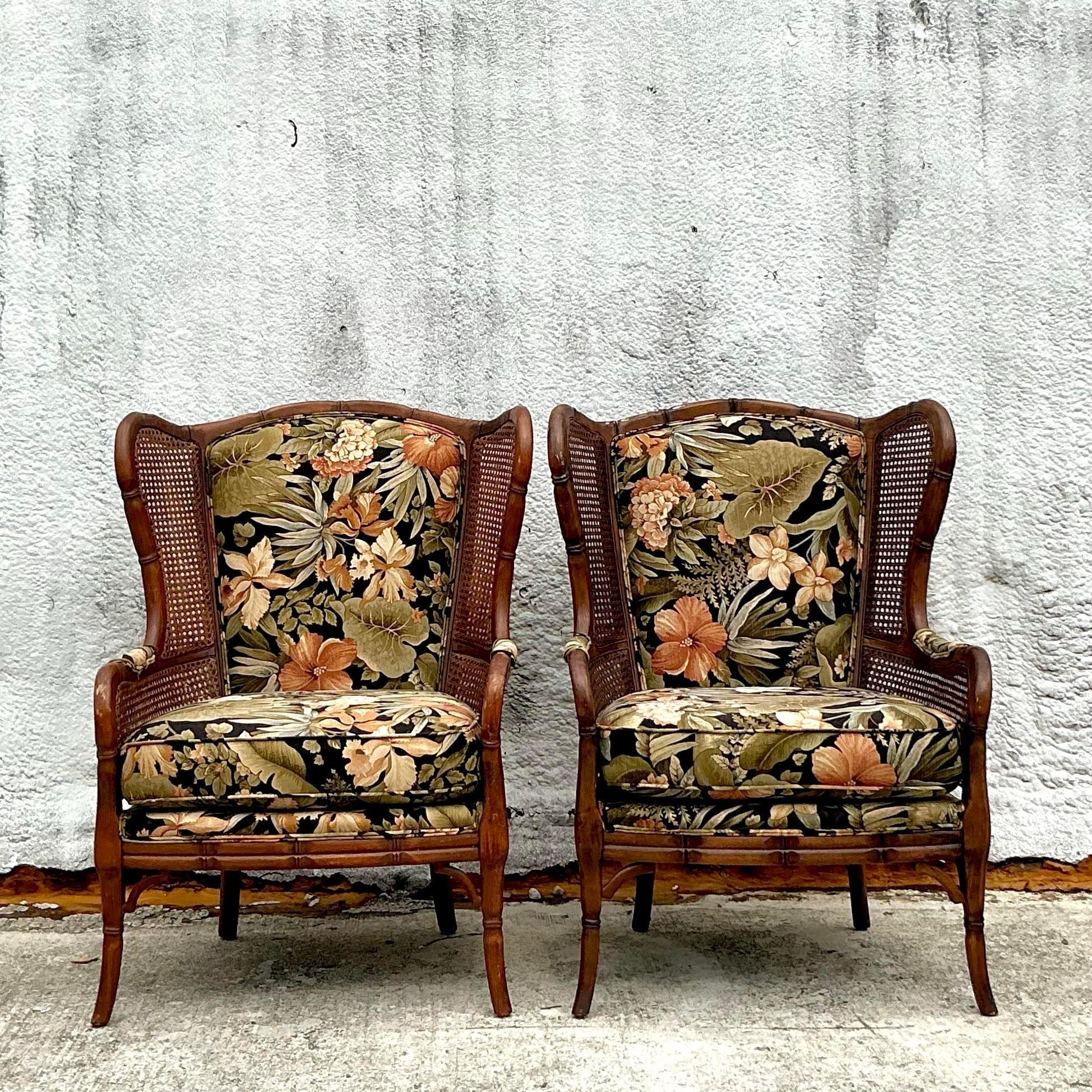Fabric Vintage Coastal Craftmaster Wingback Cane Chairs - a Pair