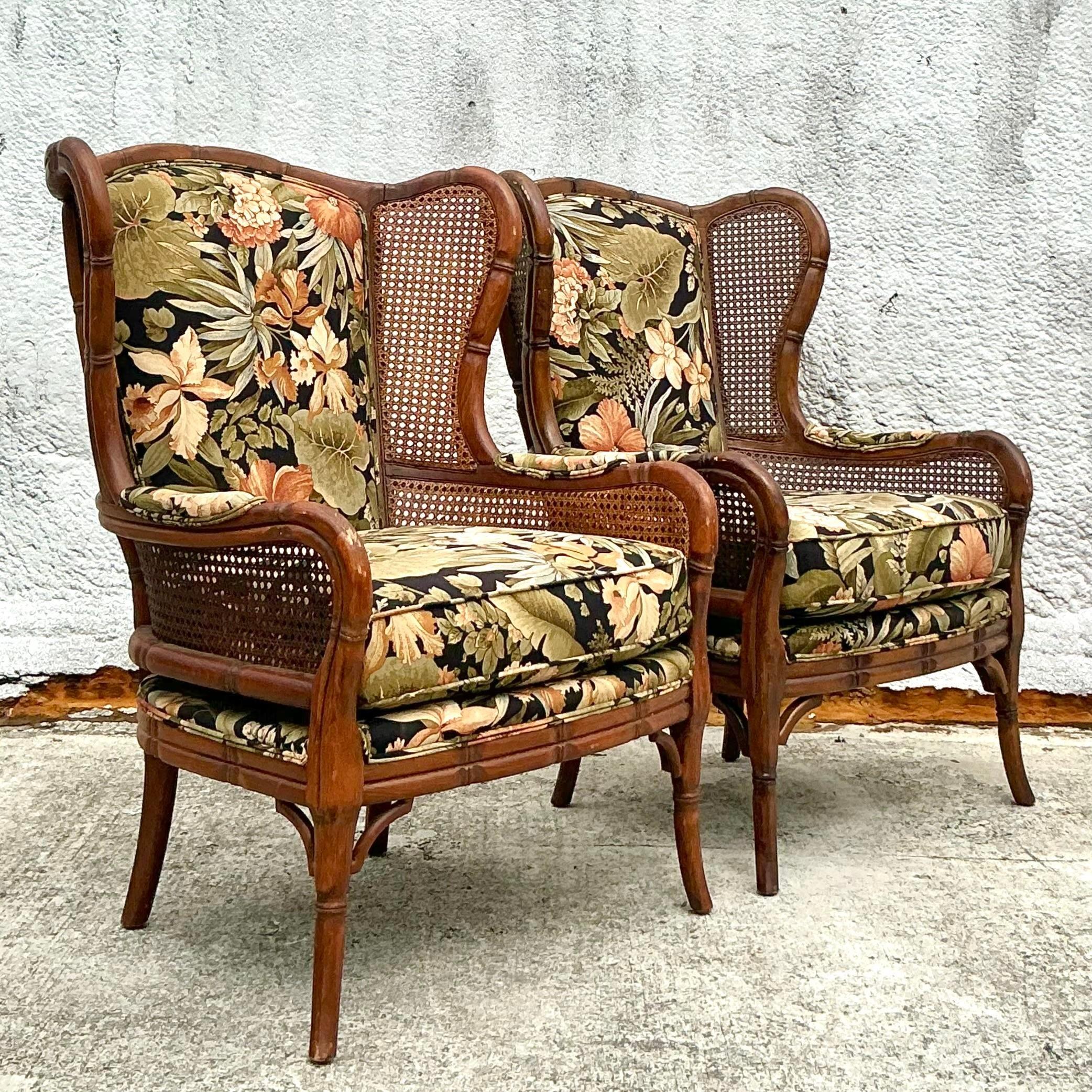 Vintage Coastal Craftmaster Wingback Cane Chairs - a Pair 3