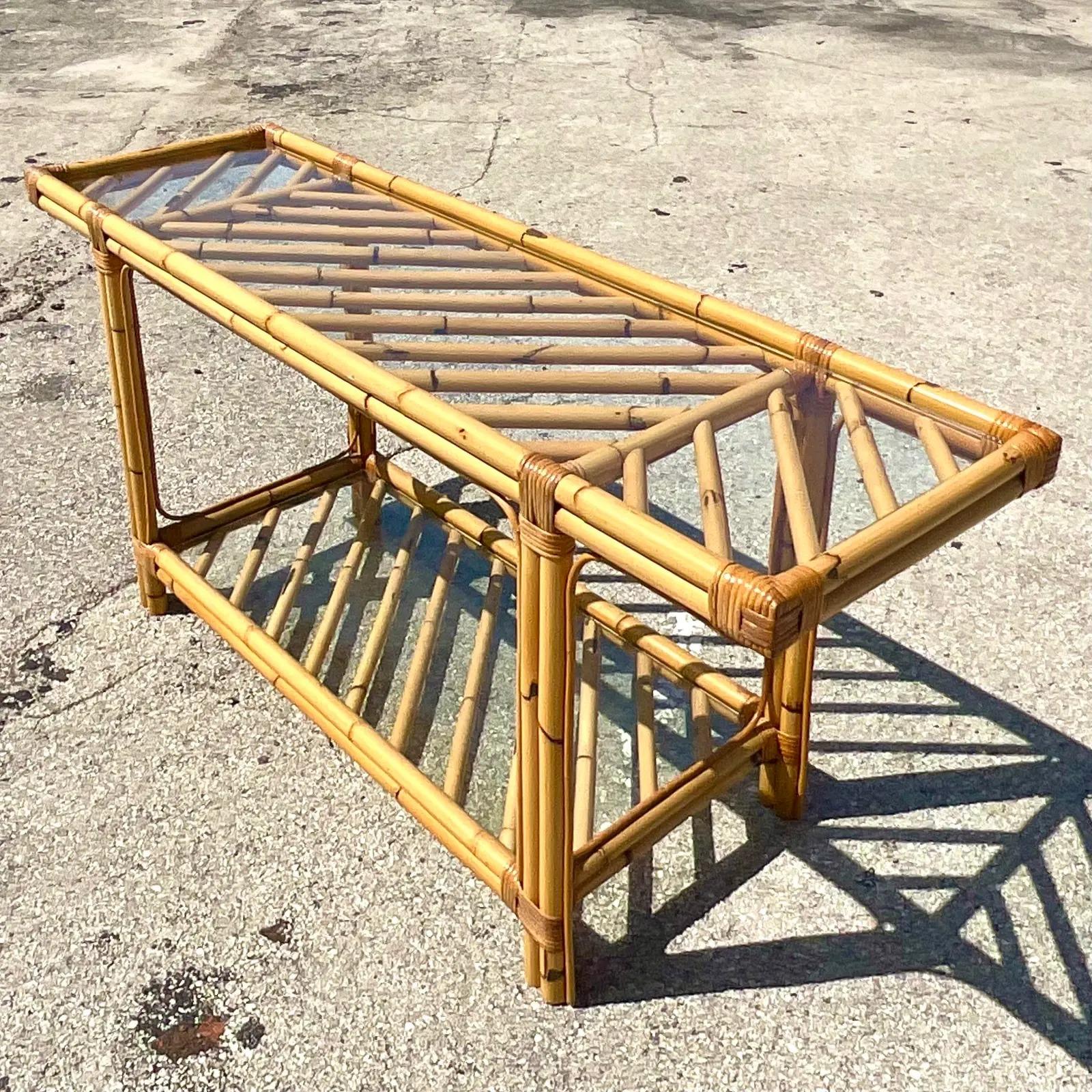 Vintage Coastal Crisscross Rattan Console Table In Good Condition In west palm beach, FL
