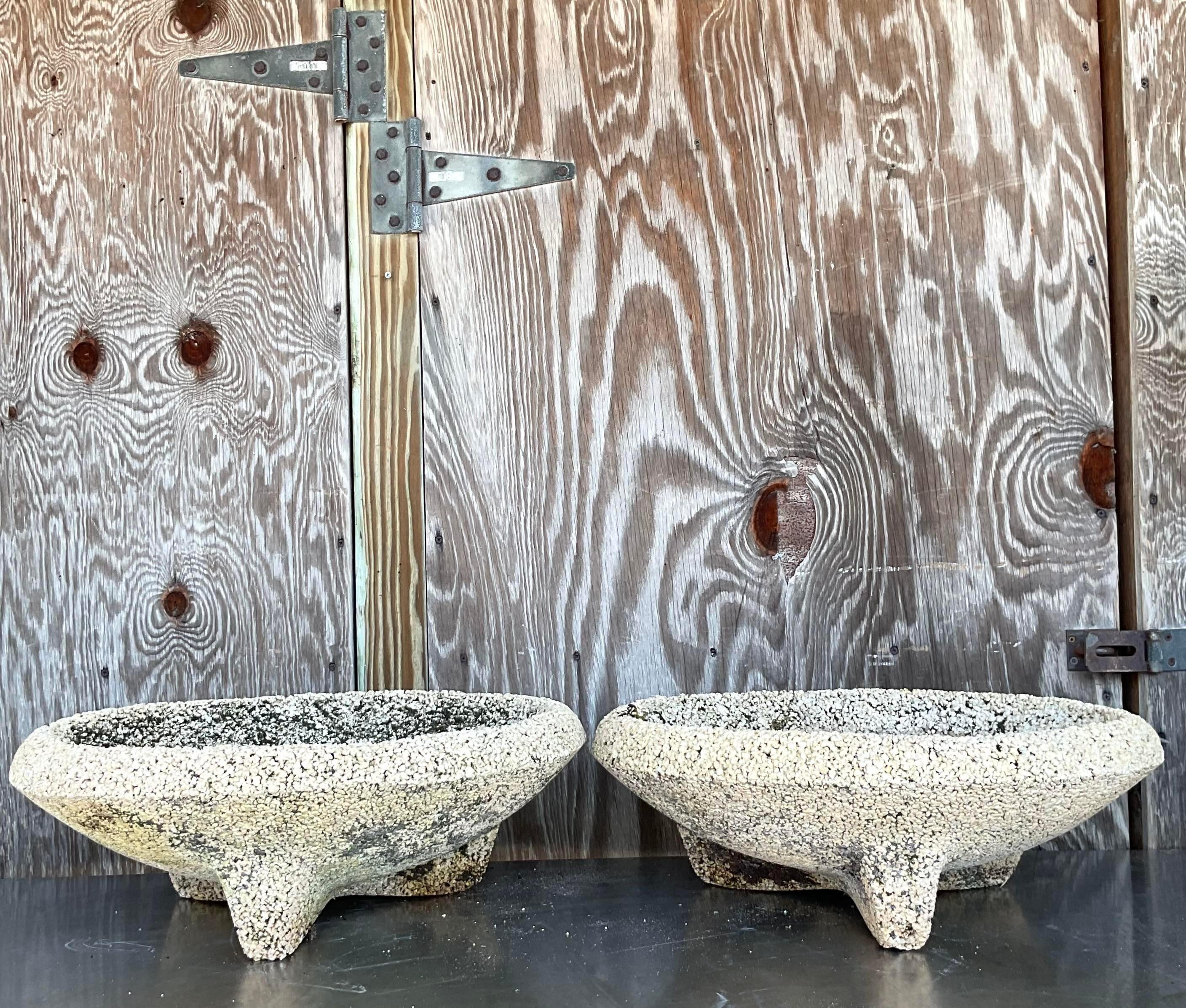 Vintage Coastal Crushed Stone Low Planters - a Pair For Sale 5