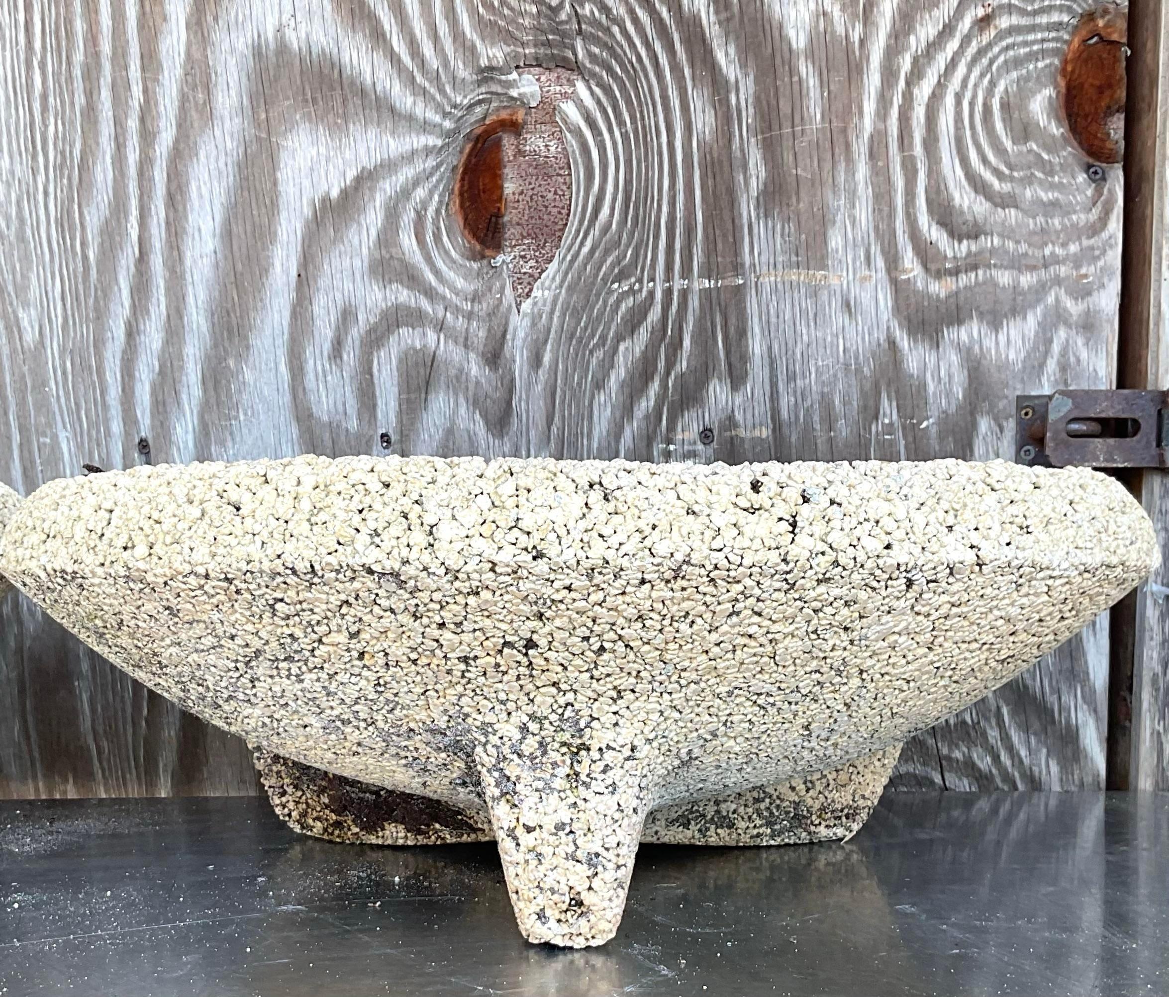 American Vintage Coastal Crushed Stone Low Planters - a Pair For Sale