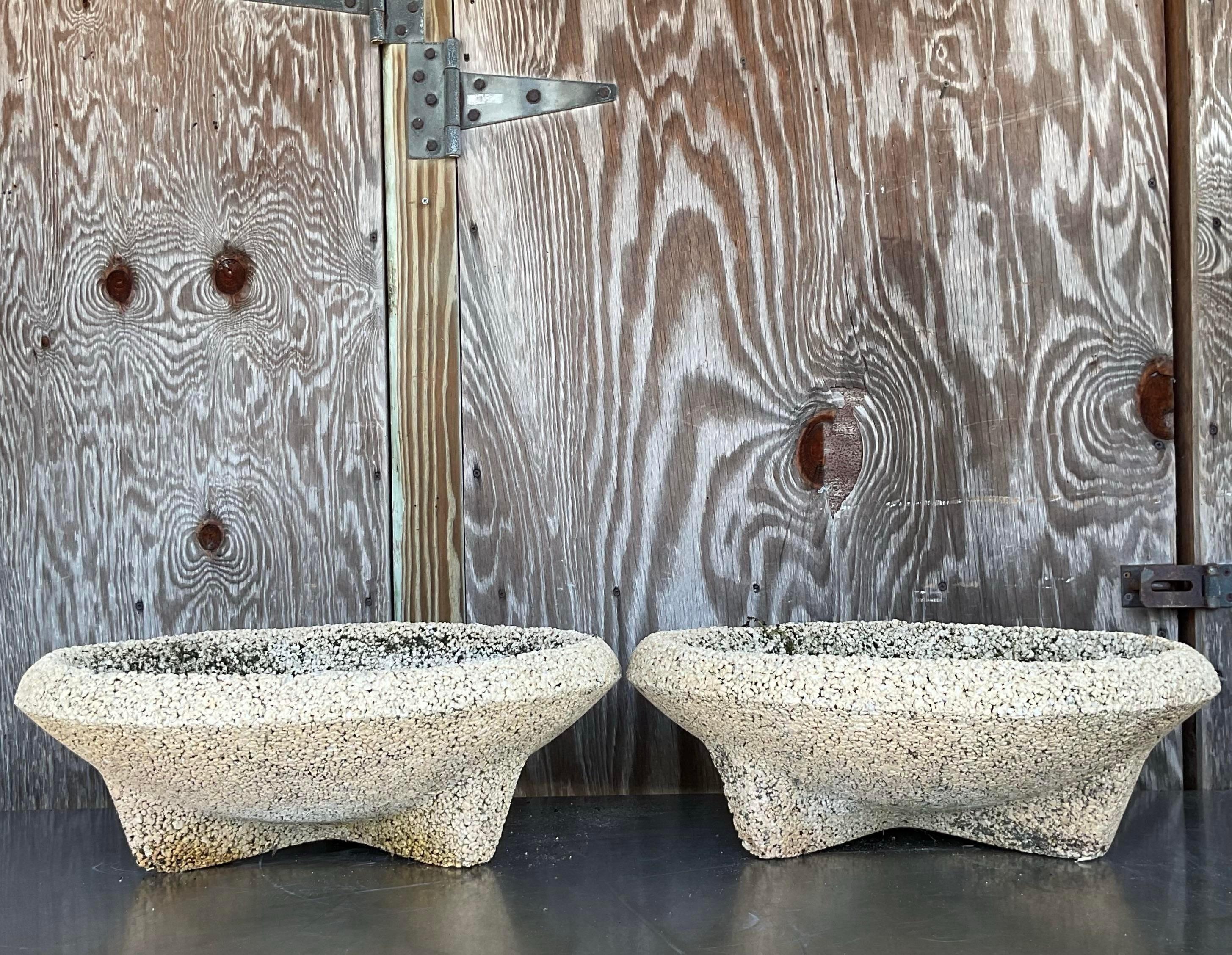 20th Century Vintage Coastal Crushed Stone Low Planters - a Pair For Sale