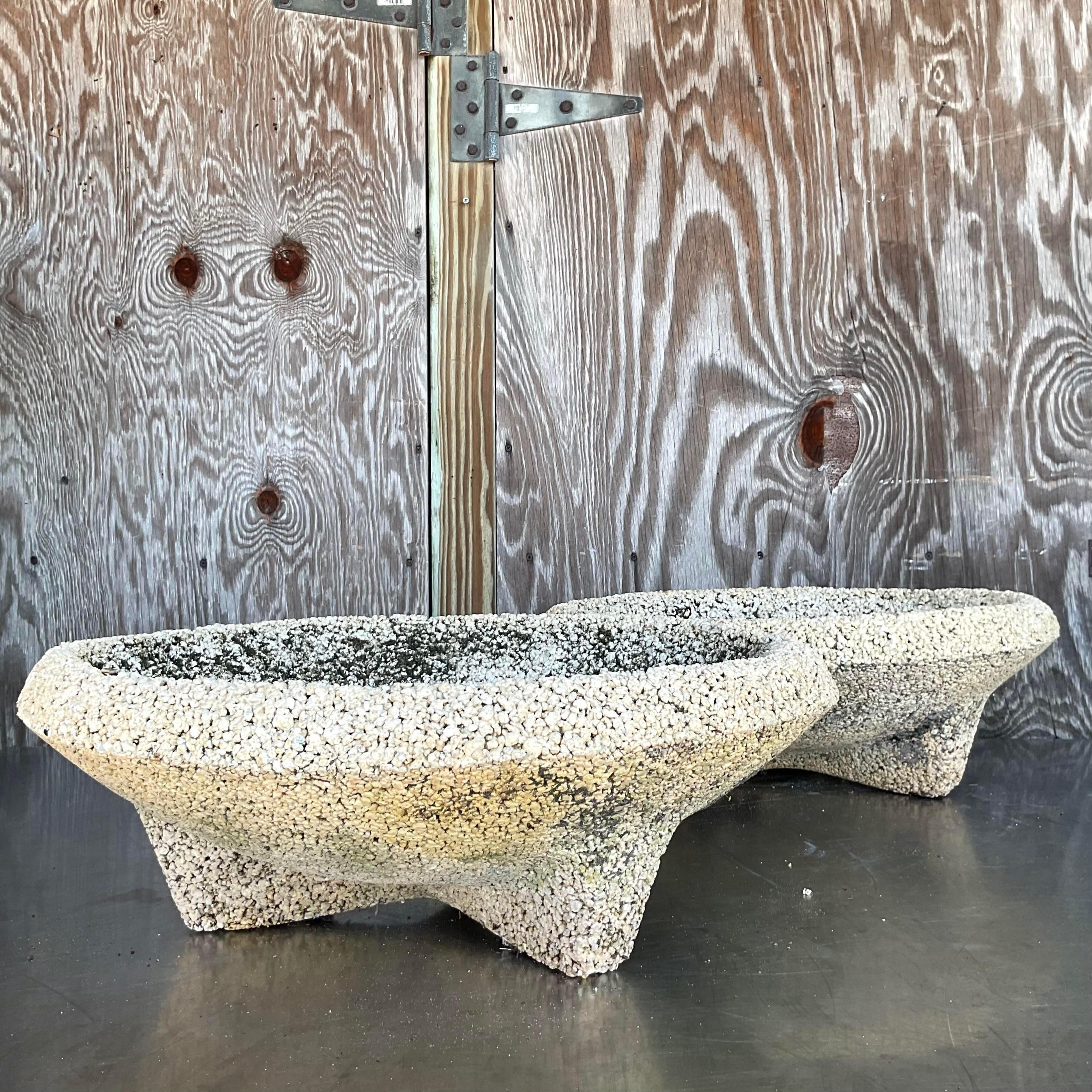 Vintage Coastal Crushed Stone Low Planters - a Pair For Sale 2