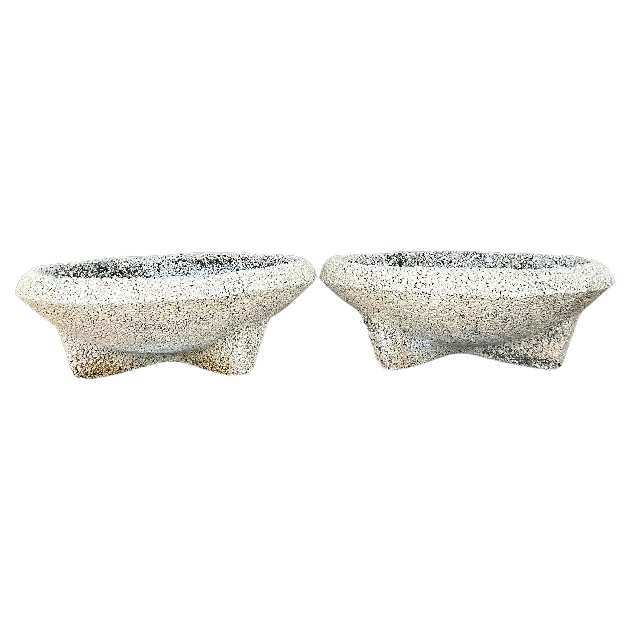 Vintage Coastal Crushed Stone Low Planters - a Pair