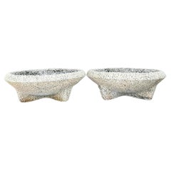 Vintage Coastal Crushed Stone Low Planters - a Pair