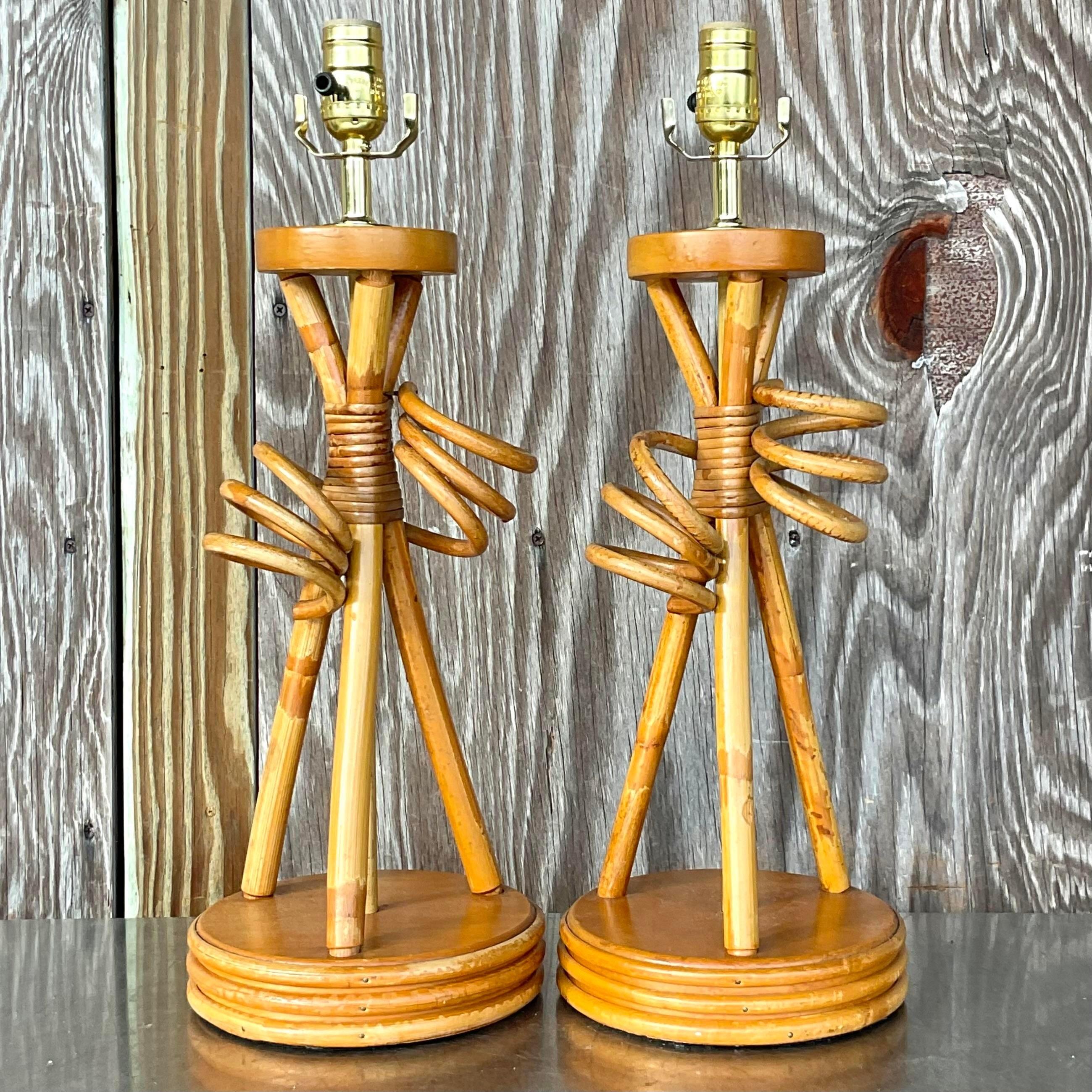 Vintage Coastal Curly Cue Rattan Table Lamps - a Pair For Sale at 1stDibs