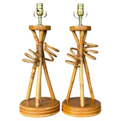 Vintage Coastal Curly Cue Rattan Table Lamps - a Pair