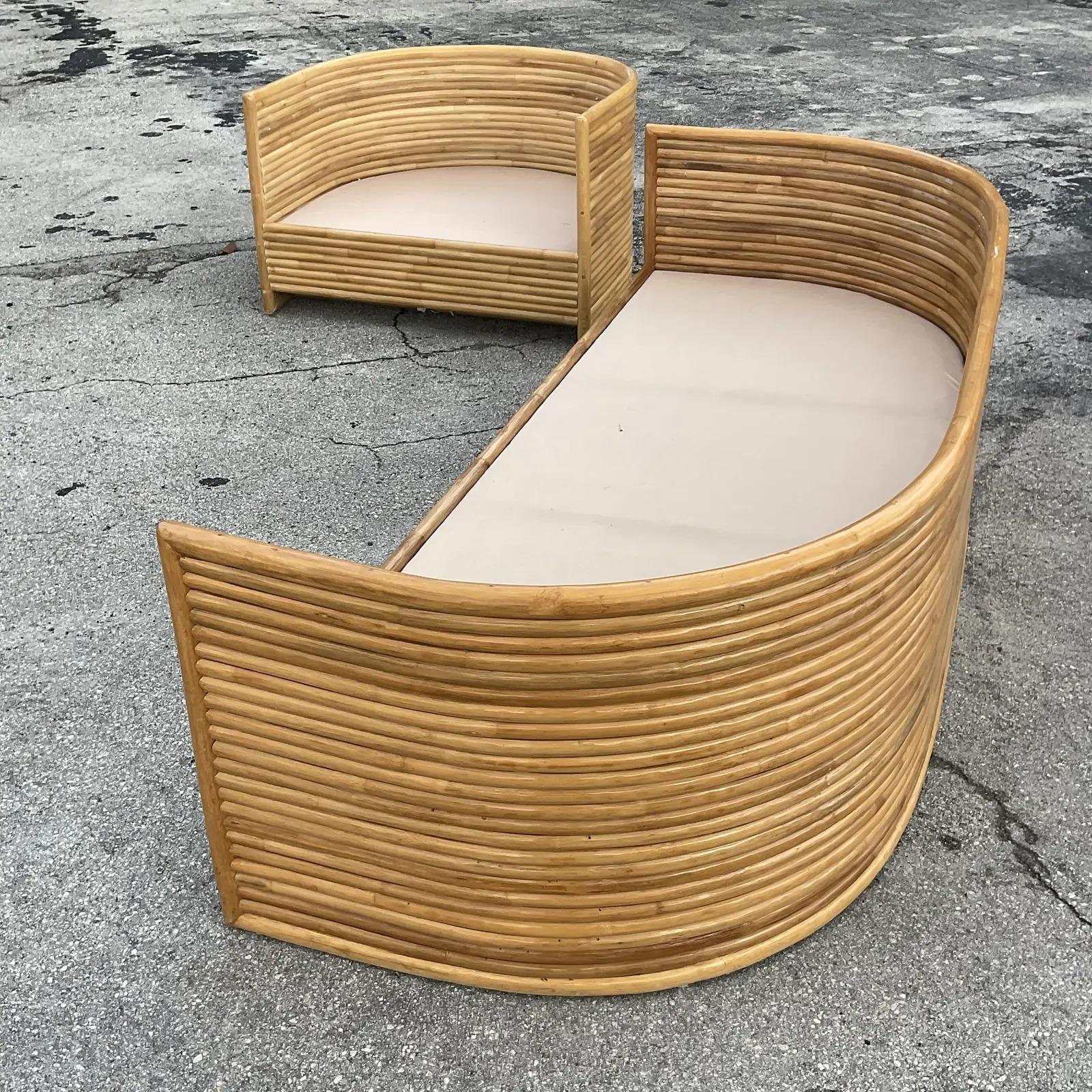 Vintage Coastal Custom Bent Rattan Tub Sofa and Chair Set 7