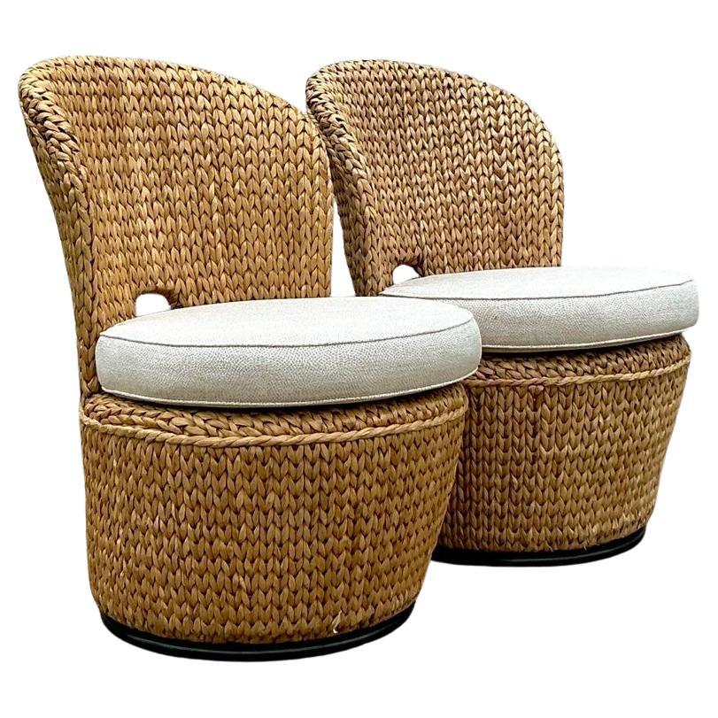 Vintage Coastal Custom Woven Rattan Swivels Chairs- Set of 2