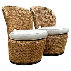 Used Coastal Custom Woven Rattan Swivels Chairs- Set of 2
