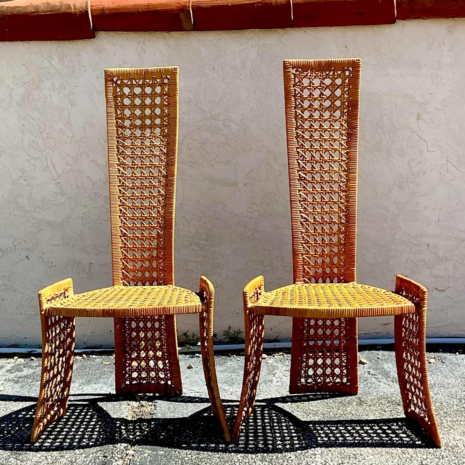 Philippine Vintage Coastal Danny Ho Fong Cane Dining Chairs, a Pair
