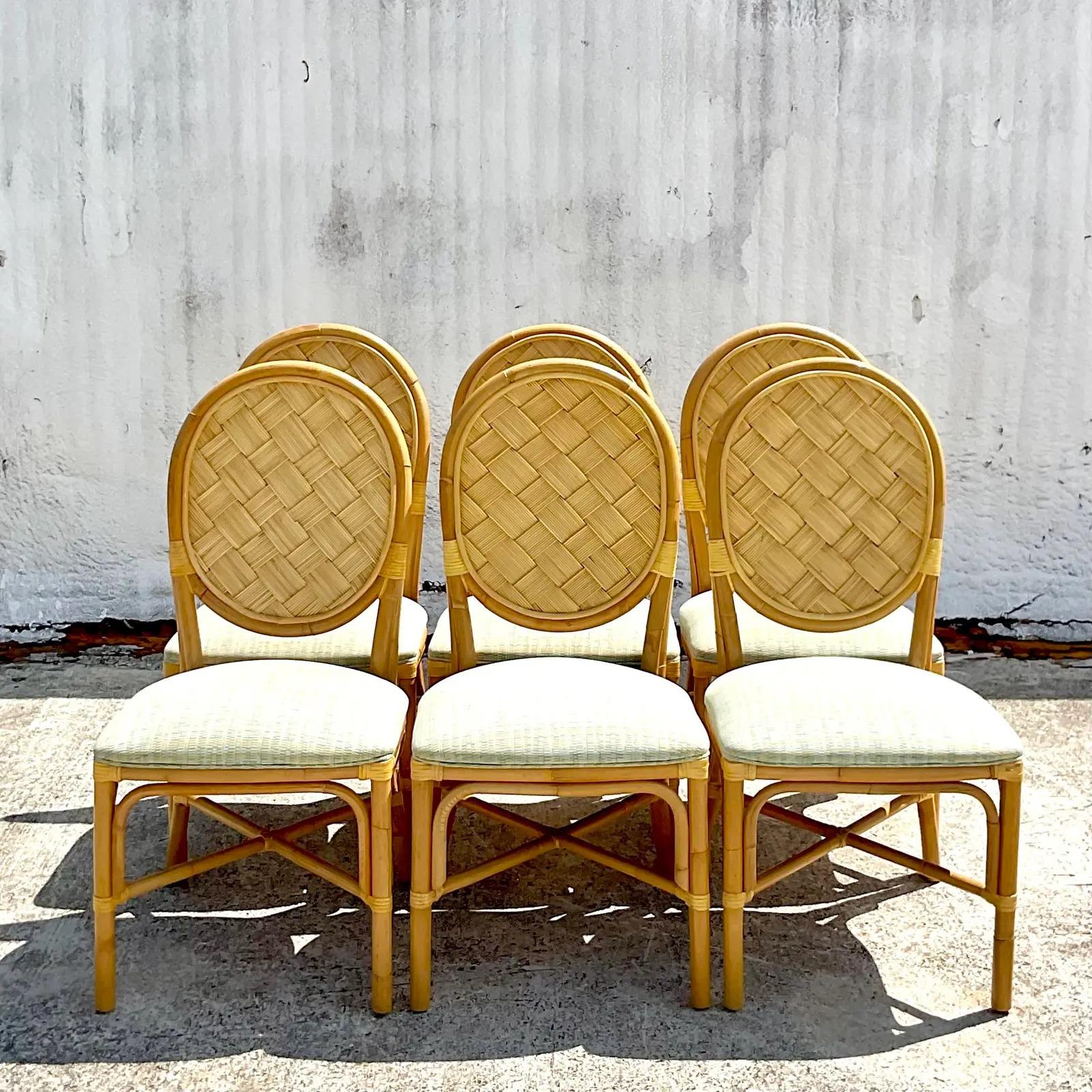 Rattan Vintage Coastal Dining Chairs After John Hutton for Donghia, Set of 6