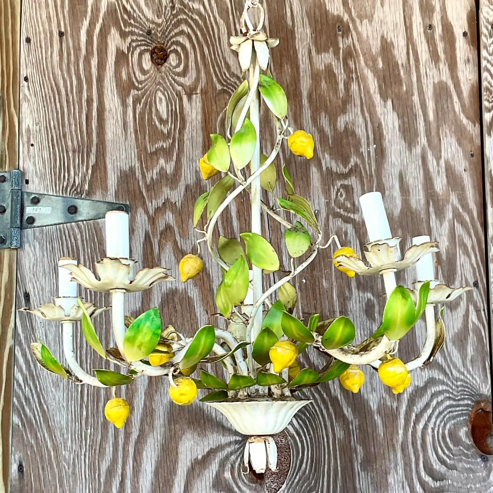 Vintage Coastal Distressed Lemon Tole Chandelier 3