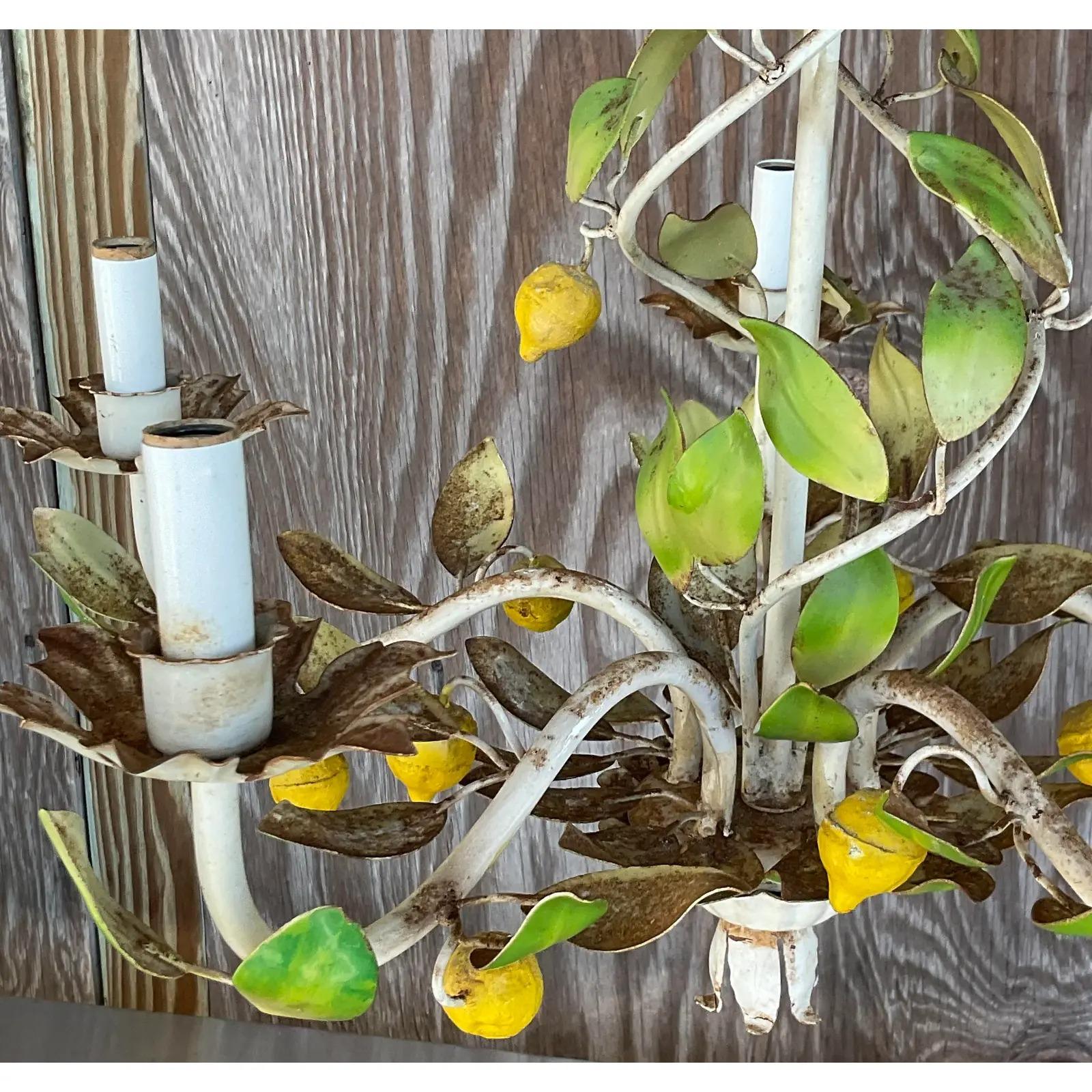 Vintage Coastal Distressed Lemon Tole Chandelier 4