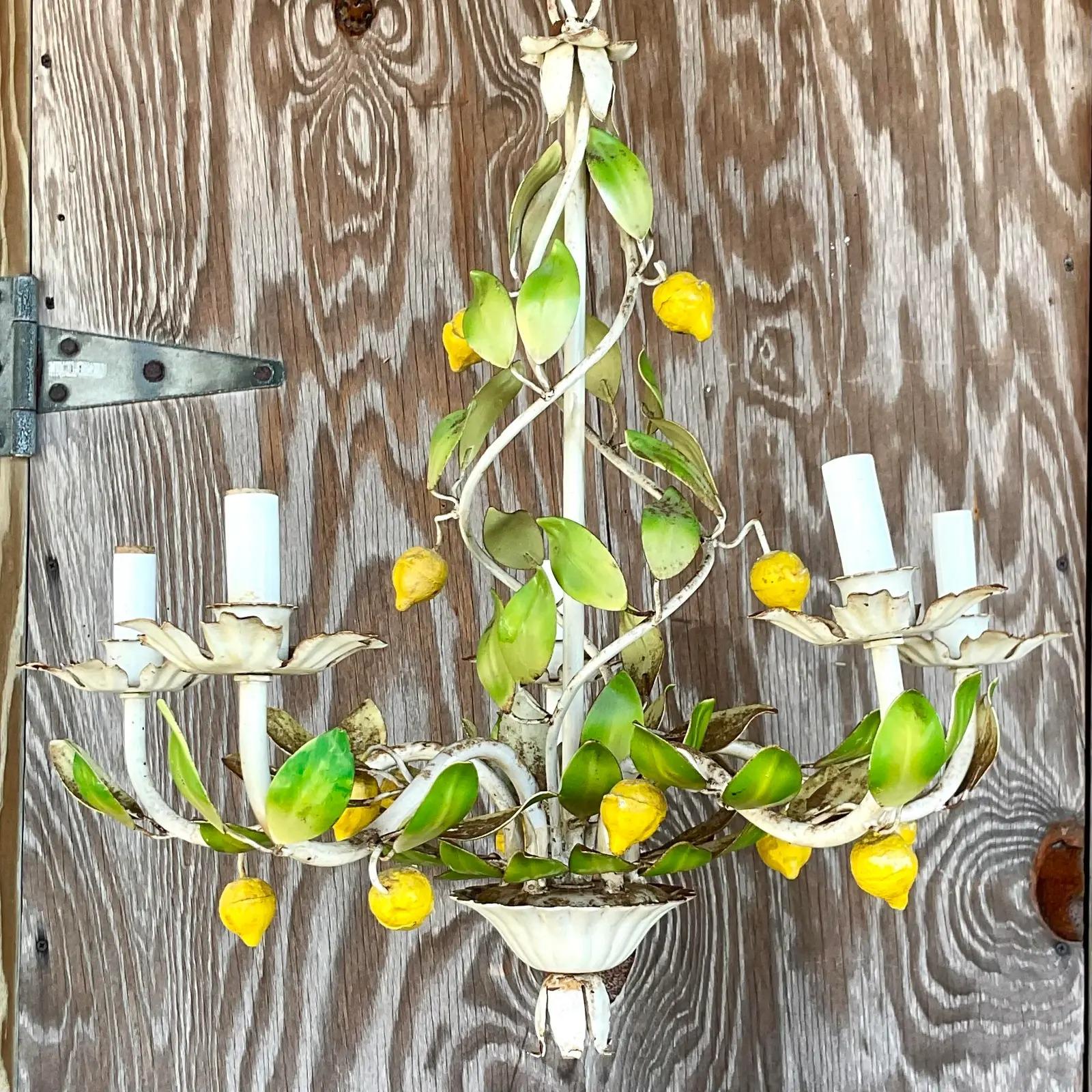 North American Vintage Coastal Distressed Lemon Tole Chandelier