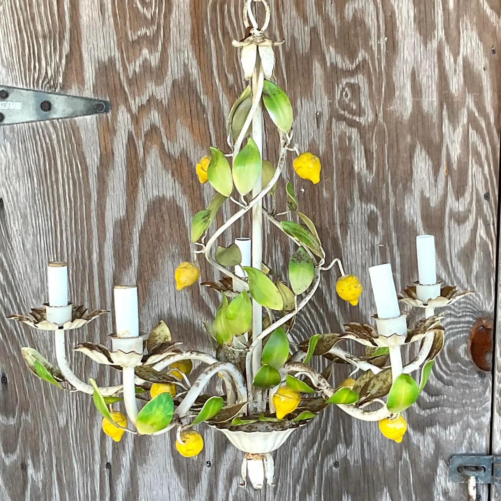 Vintage Coastal Distressed Lemon Tole Chandelier In Good Condition In West Palm Beach, FL