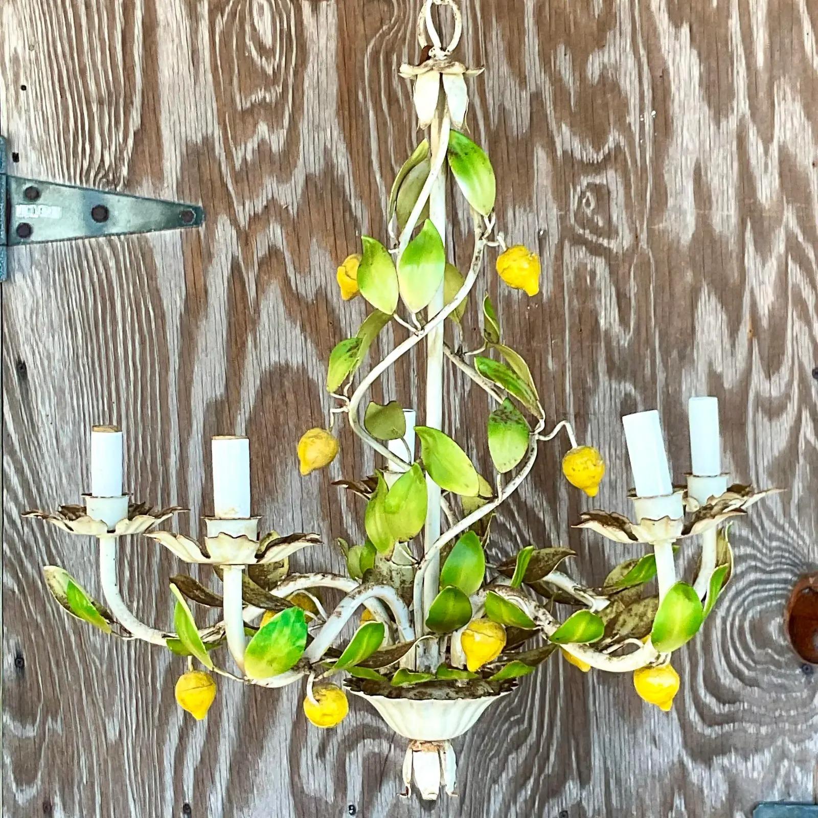 Vintage Coastal Distressed Lemon Tole Chandelier 1
