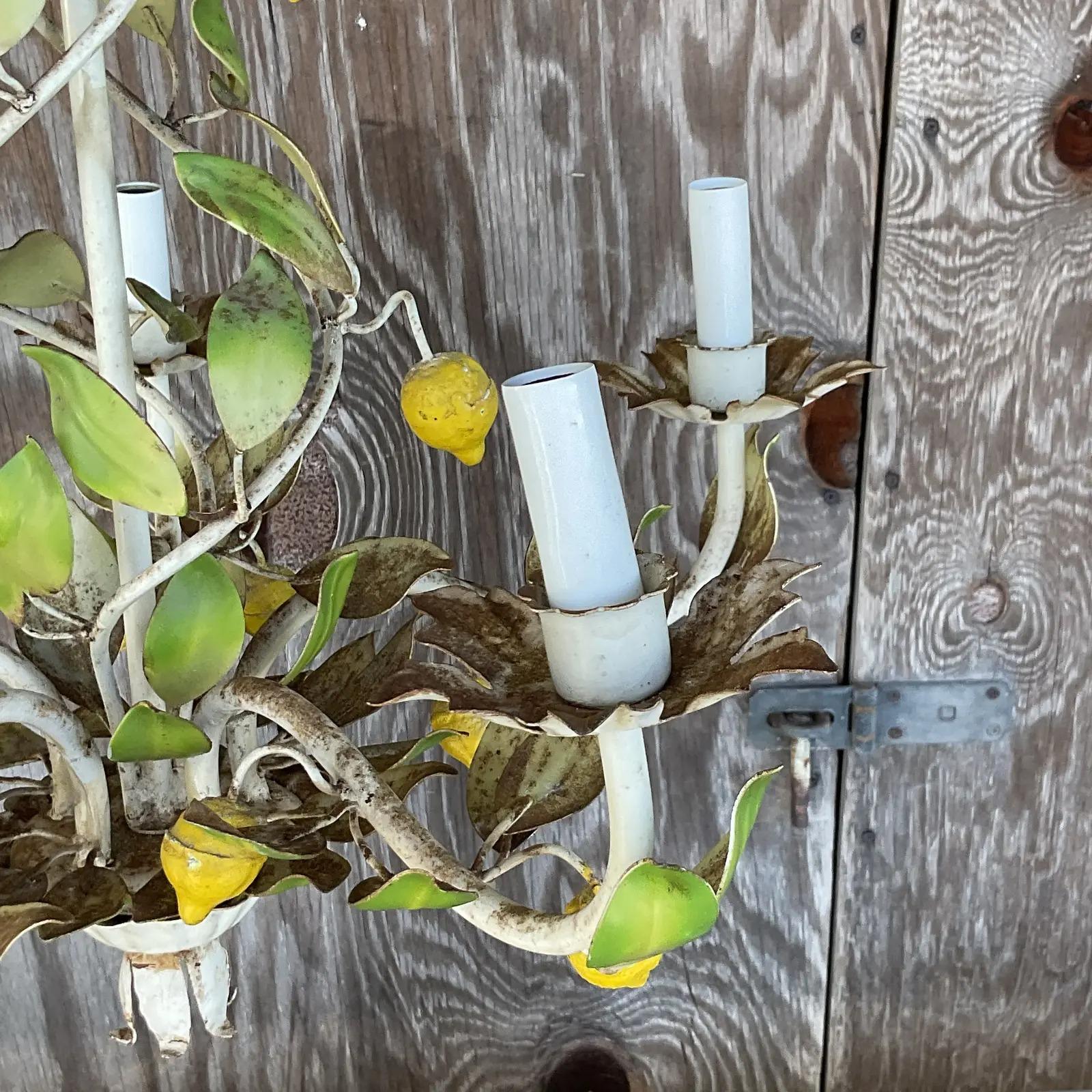 Vintage Coastal Distressed Lemon Tole Chandelier 2