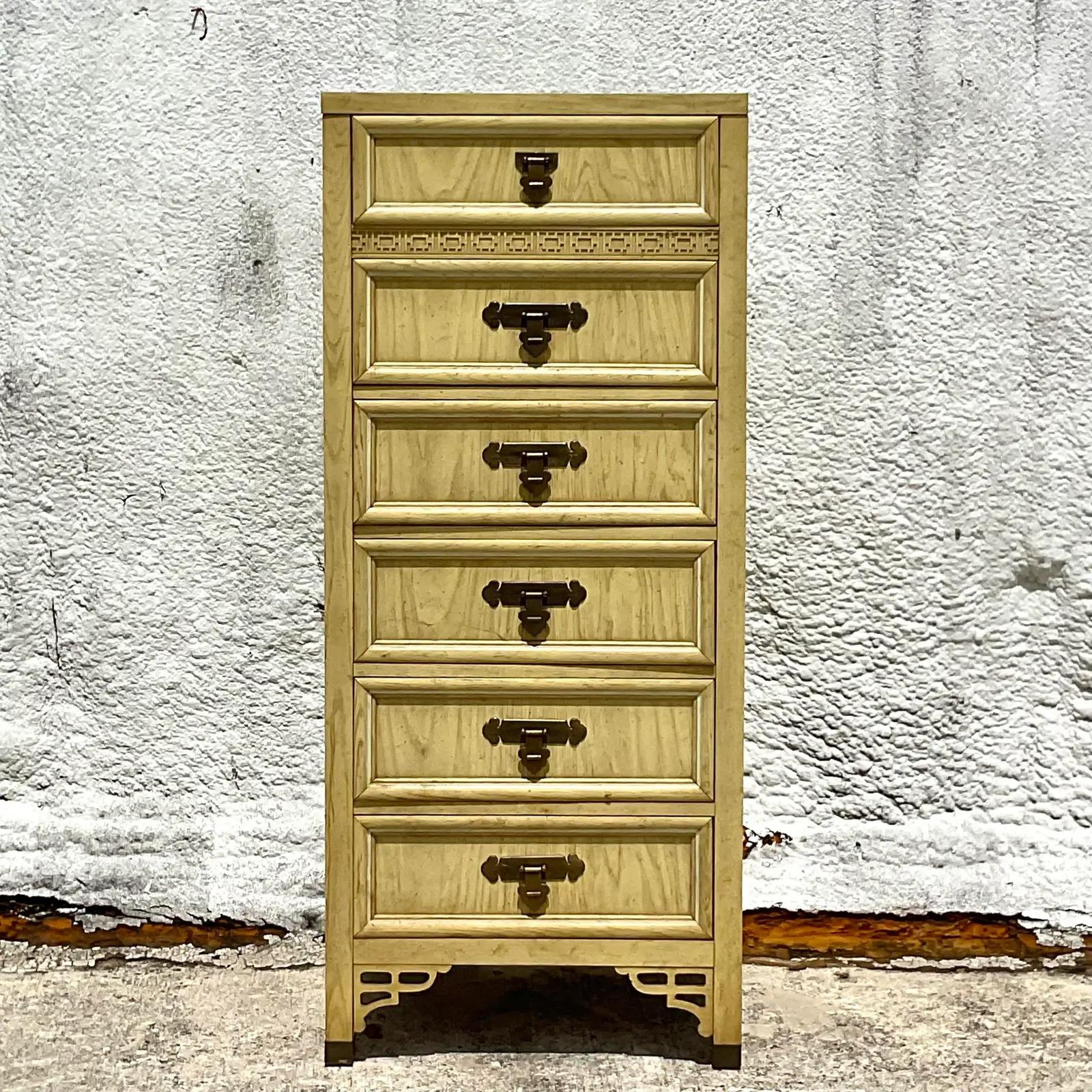 Fantastic vintage Regency chest of drawers. The coveted Dixie Shanghai-la design with heavy Asian brass hardware and fretwork trim. Marked on the inside. Acquired from a Palm Beach estate