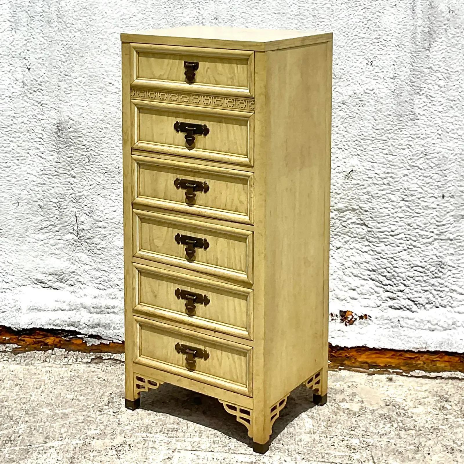 20th Century Vintage Coastal Dixie Shangri-La Tall Fretwork Chest of Drawers