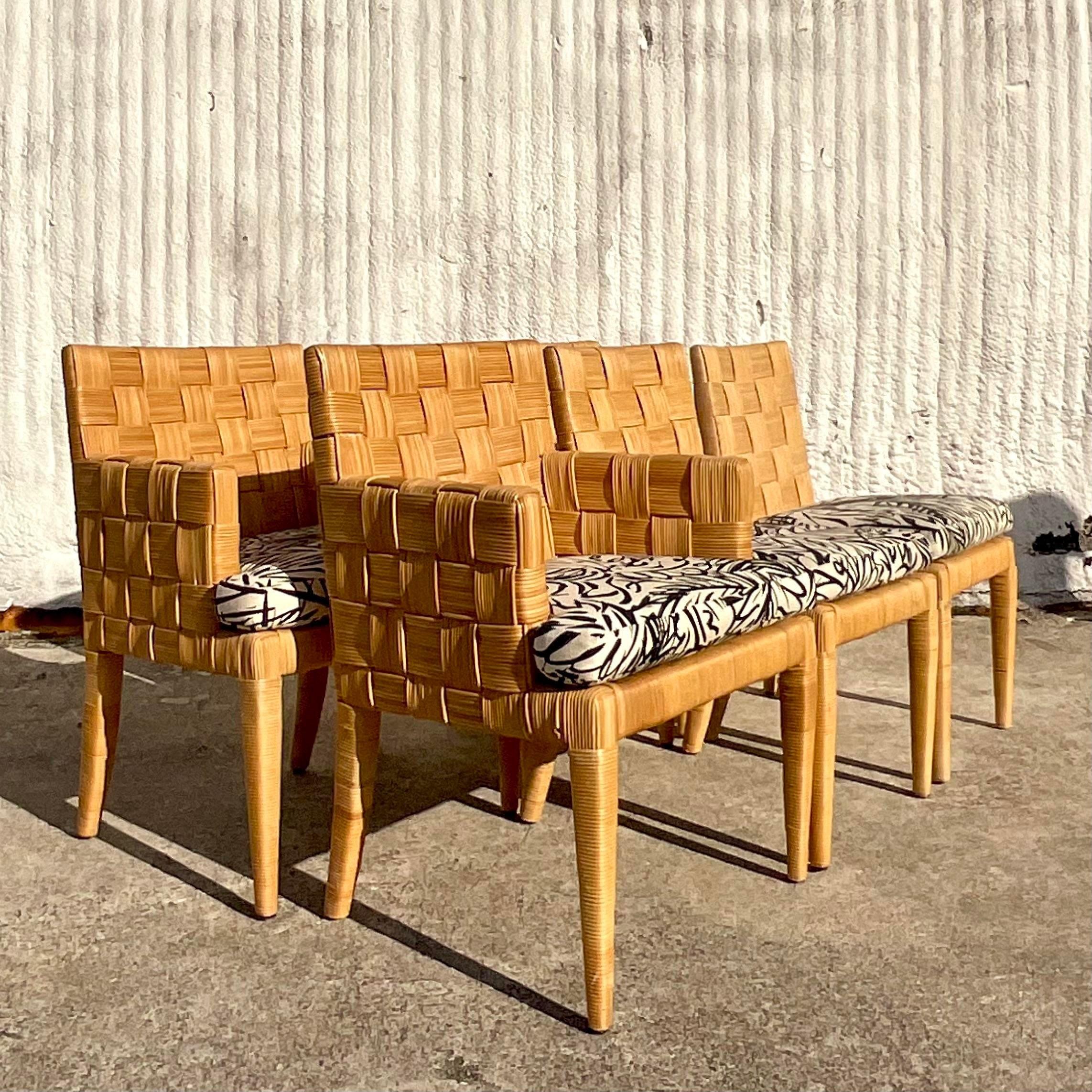 Vintage Coastal Donghia “Block Island” Woven Rattan Chairs - Set of 6 In Good Condition In west palm beach, FL