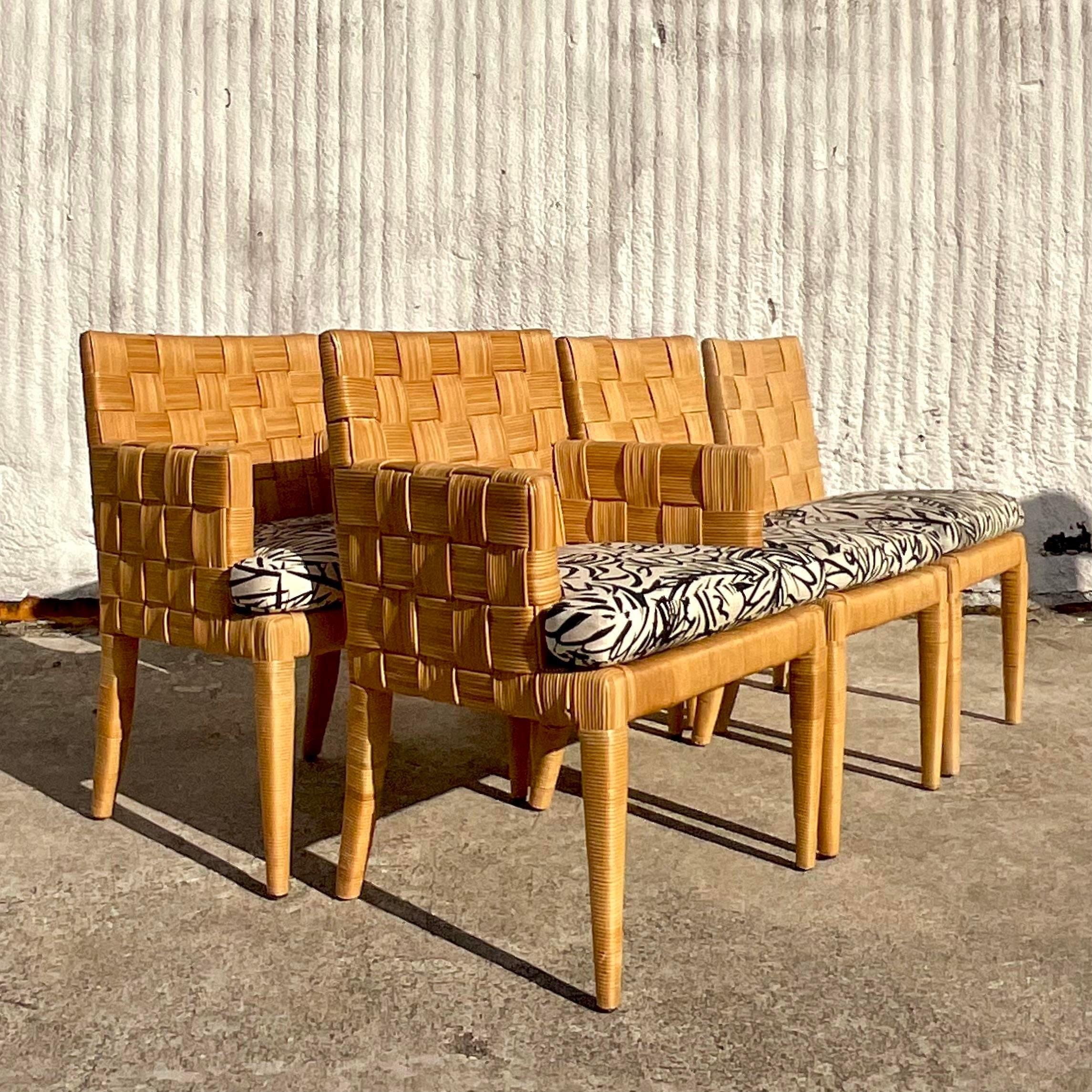 20th Century Vintage Coastal Donghia “Block Island” Woven Rattan Chairs - Set of 6