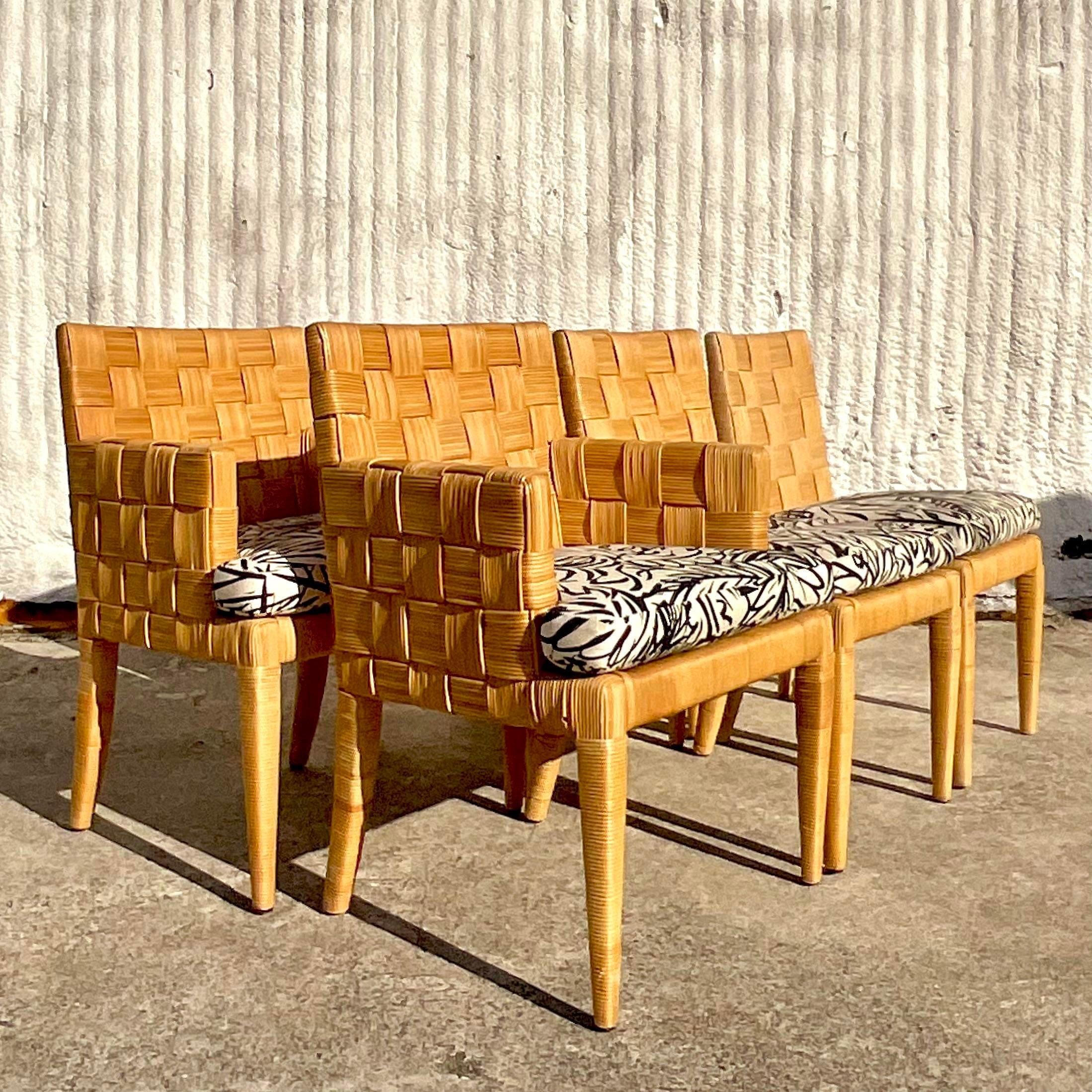 Upholstery Vintage Coastal Donghia “Block Island” Woven Rattan Chairs - Set of 6