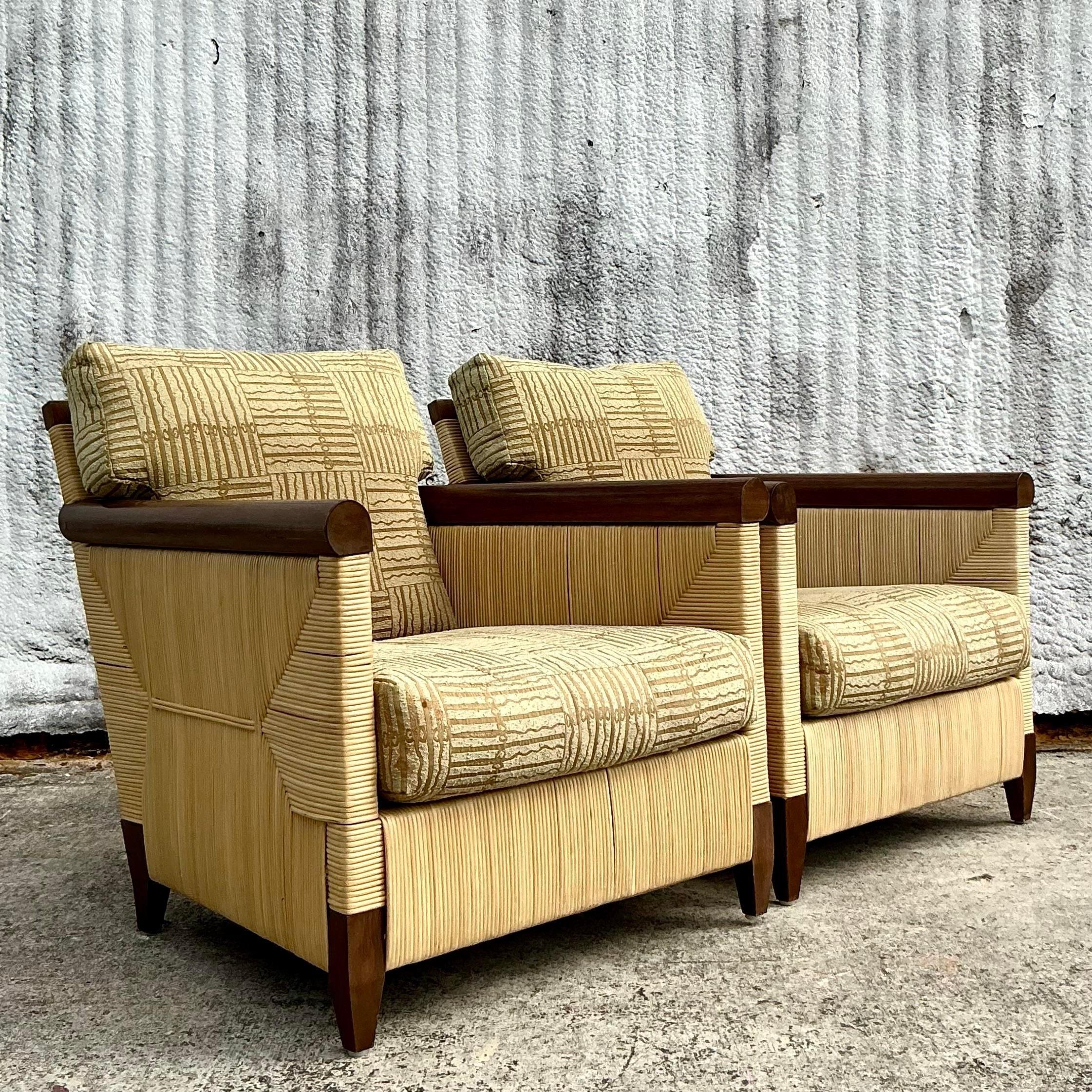 Vintage Coastal Donghia “Merbau” Woven Rattan Lounge Chairs - a Pair For Sale 5